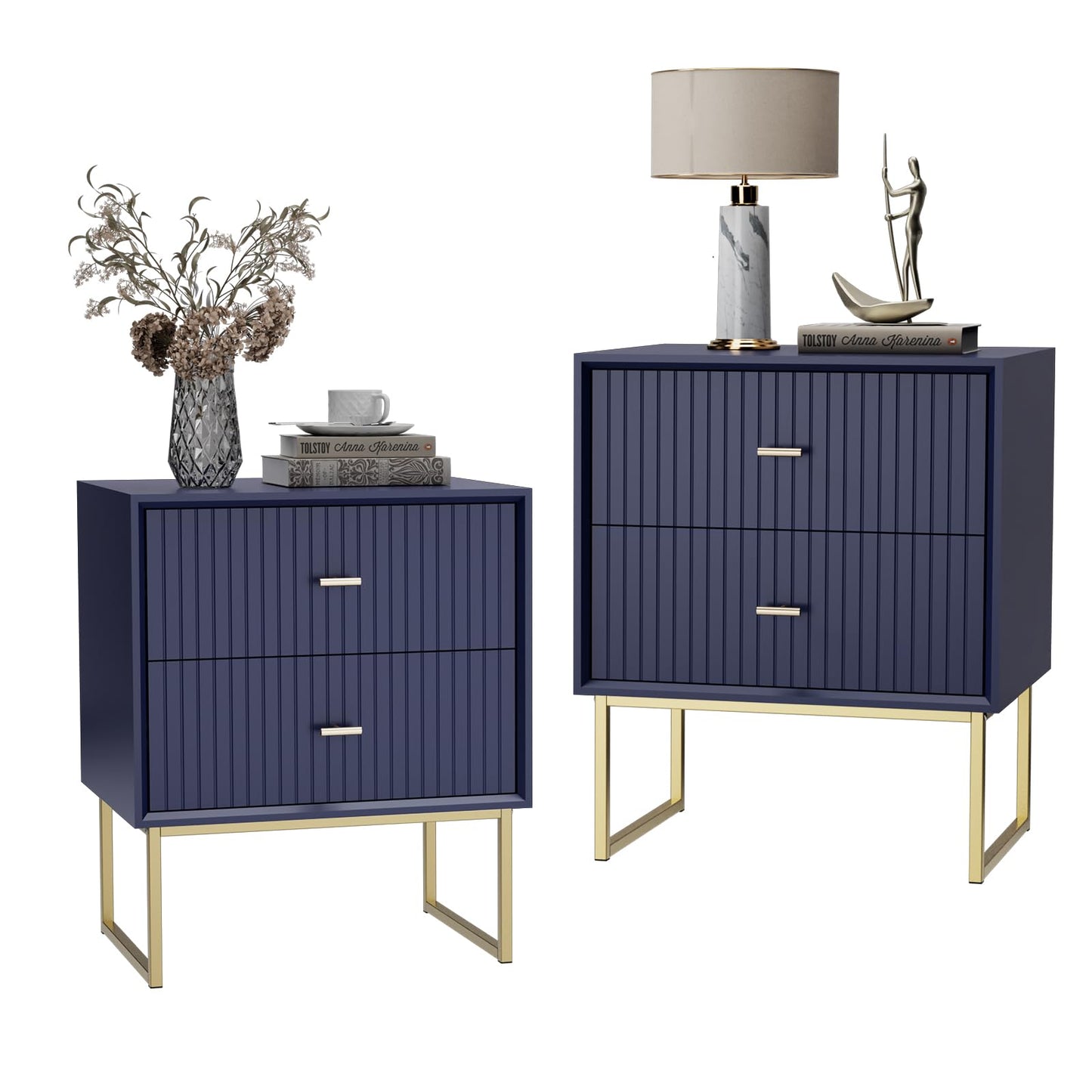 UEV Navy Blue Nightstand Set of 2,Modern Grooved Stripes Bed Side Table with 2 Drawers,Wood End Table with Golden Metal Handles and Pedestal Frame for Bedroom Living Room