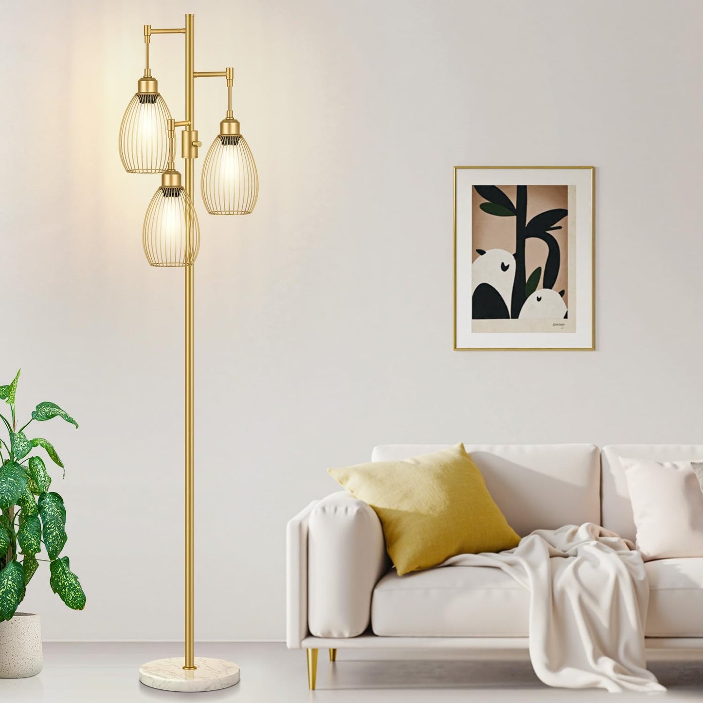 Dimmable Floor Lamp, 3 x 800LM LED Edison Bulbs Included, Farmhouse Industrial Floor Lamp Standing Tree Lamp with Elegant Teardrop Cage Tall Lamps for Living Room Bedroom Office Dining Room-Black
