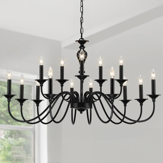 15 Light Black Farmhouse Chandeliers for Dining Room Light Fixtures Over Table, Vintage Candle Large Chandelier for Living Room Foyer Staircase Restaurant Showroom Villa