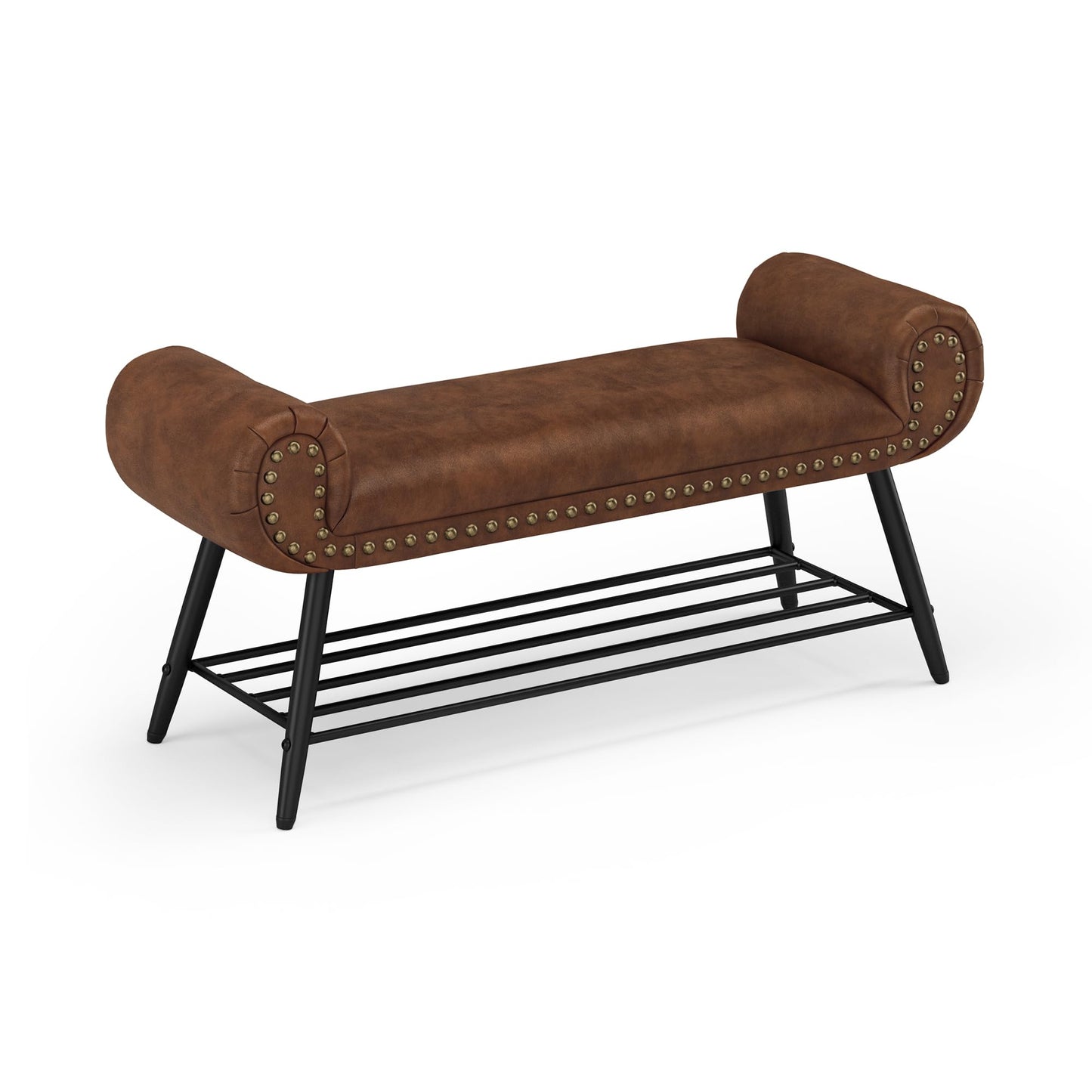 LUE BONA 45.3" End of Bed Bench, Modern Bedroom Leather Upholstered Shoe Benches, Ottoman with Stable Metal Frame and Solid Shelf for Bedroom, entryway, Living Room，Foyer, 330LB, Brown