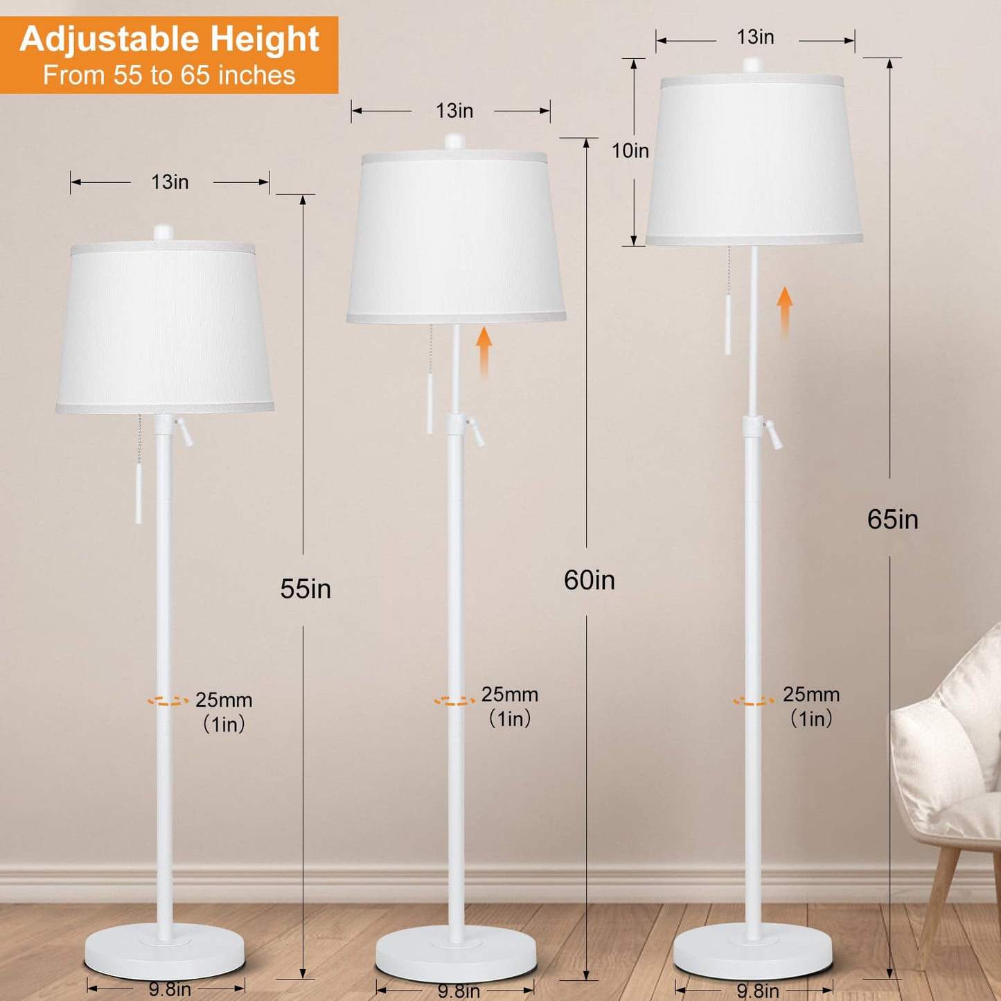 Floor Lamp for Living Room,Adjustable Height Standing Lamp,Dimmable Modern Floor Lamps for Bedroom Office Tall Floor Lights with Pull Chain Bulb Included-Silver Gray Shade