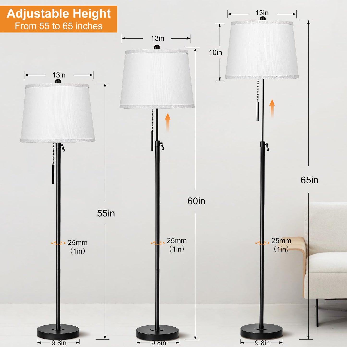 Floor Lamp for Living Room,Adjustable Height Standing Lamp,Dimmable Modern Floor Lamps for Bedroom Office Tall Floor Lights with Pull Chain Bulb Included-Silver Gray Shade
