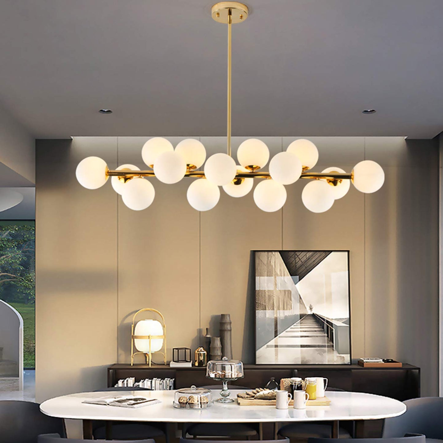 CROSSIO Modern Linear Chandeliers Black 16 Lights Pendant Light Fixtures Bubble Glass Chandelier Mid Century Sputnik Chandelier for Kitchen Island Dining Room