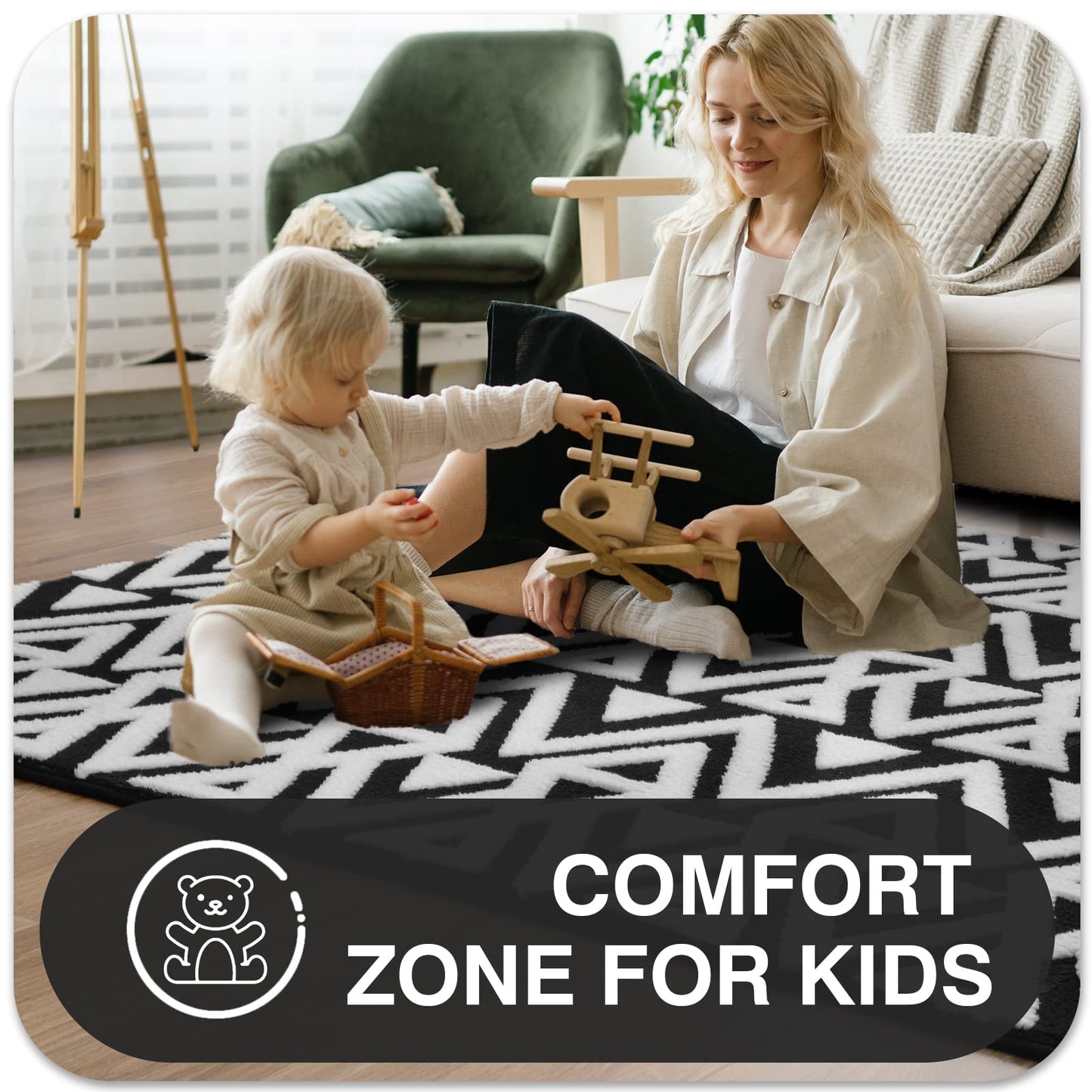 Ompaa Ultra Soft Geometric Bedroom Rugs Memory Foam Carpet, Black 7 x 10 Feet Large, Cozy Area Rugs for Living Room Couch Dorm Bedside Kids Girls Teens Room Nursery Decor Floor Mat