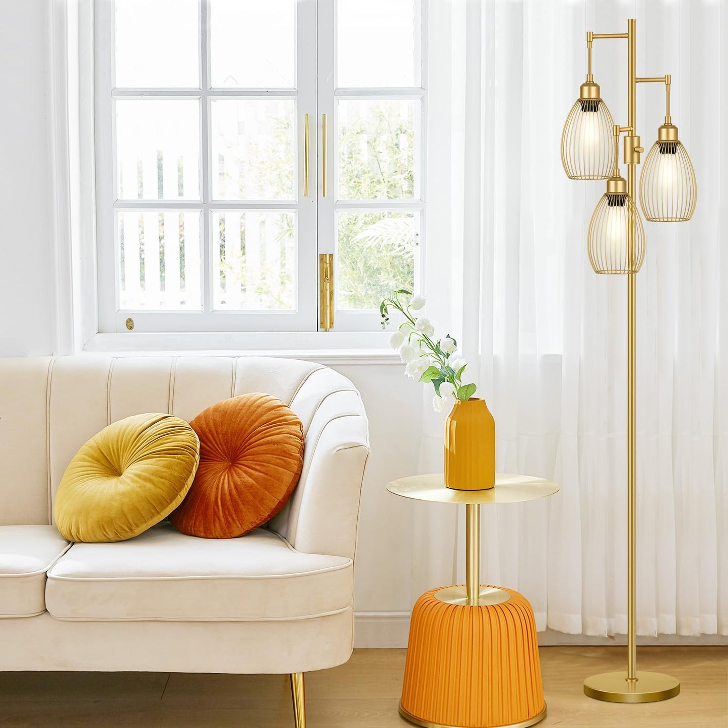 Dimmable Floor Lamp, 3 x 800LM LED Edison Bulbs Included, Farmhouse Industrial Floor Lamp Standing Tree Lamp with Elegant Teardrop Cage Tall Lamps for Living Room Bedroom Office Dining Room-Black