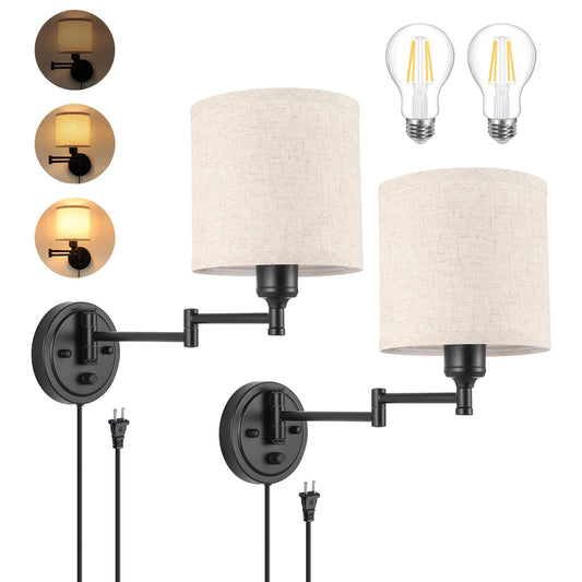 Plug in Wall Sconces with Remote Control, Dimming 10%-100% & Adjustable Colors 2700K-6500K, Hardwire or Plug-in, Swing Arm Wall Lamp with Linen Fabric Shade, Wall Sconces Set of Two, Black Finish