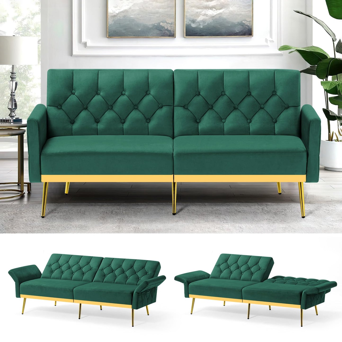 Velvet Sofa Bed w/Adjustable Armrests and Backrests, Modern Convertible Sleeper Sofa, Tufted Futon Sofa for Bedroom, Living Room, Apartment, Orange
