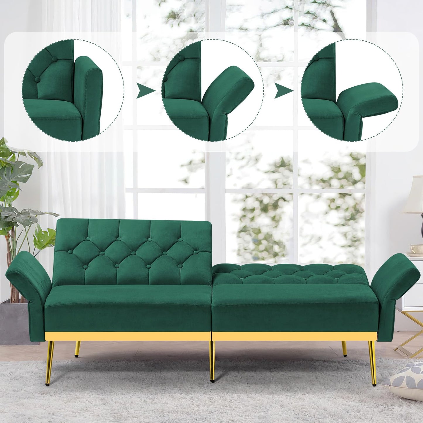 Velvet Sofa Bed w/Adjustable Armrests and Backrests, Modern Convertible Sleeper Sofa, Tufted Futon Sofa for Bedroom, Living Room, Apartment, Orange