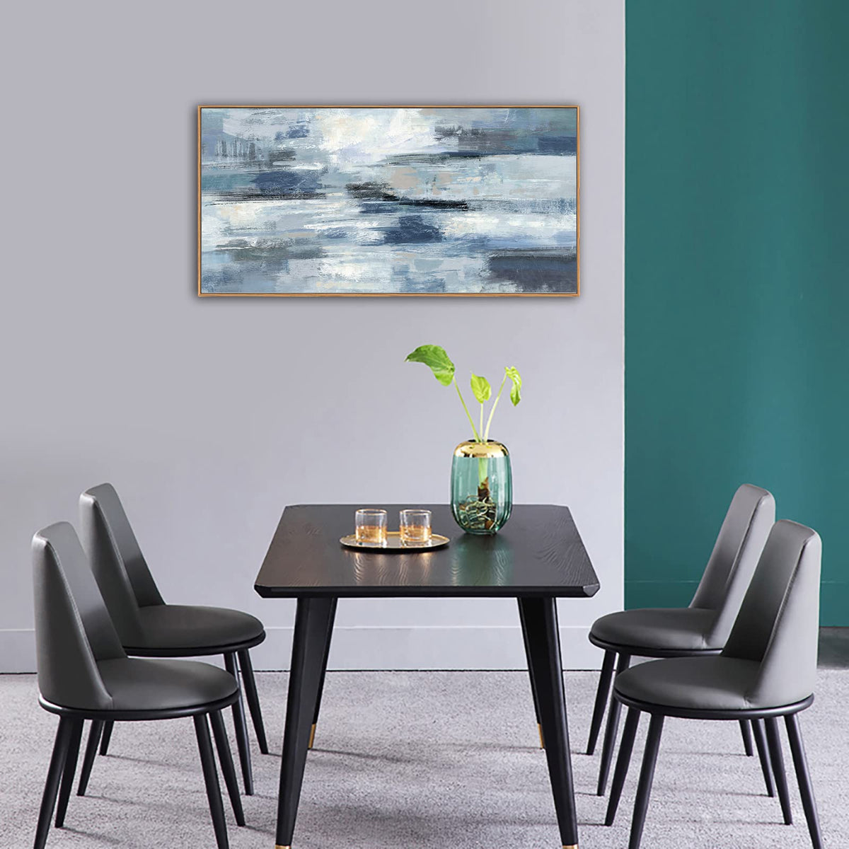 VEAEE Teal Framed Abstract Wall Art - Turquoise Green Colorful Modern Canvas Pictures, Living Room Wall Decor, Contemporary Landscape Painting Prints for Bedroom Bathroom Office Decor 20" x 40"
