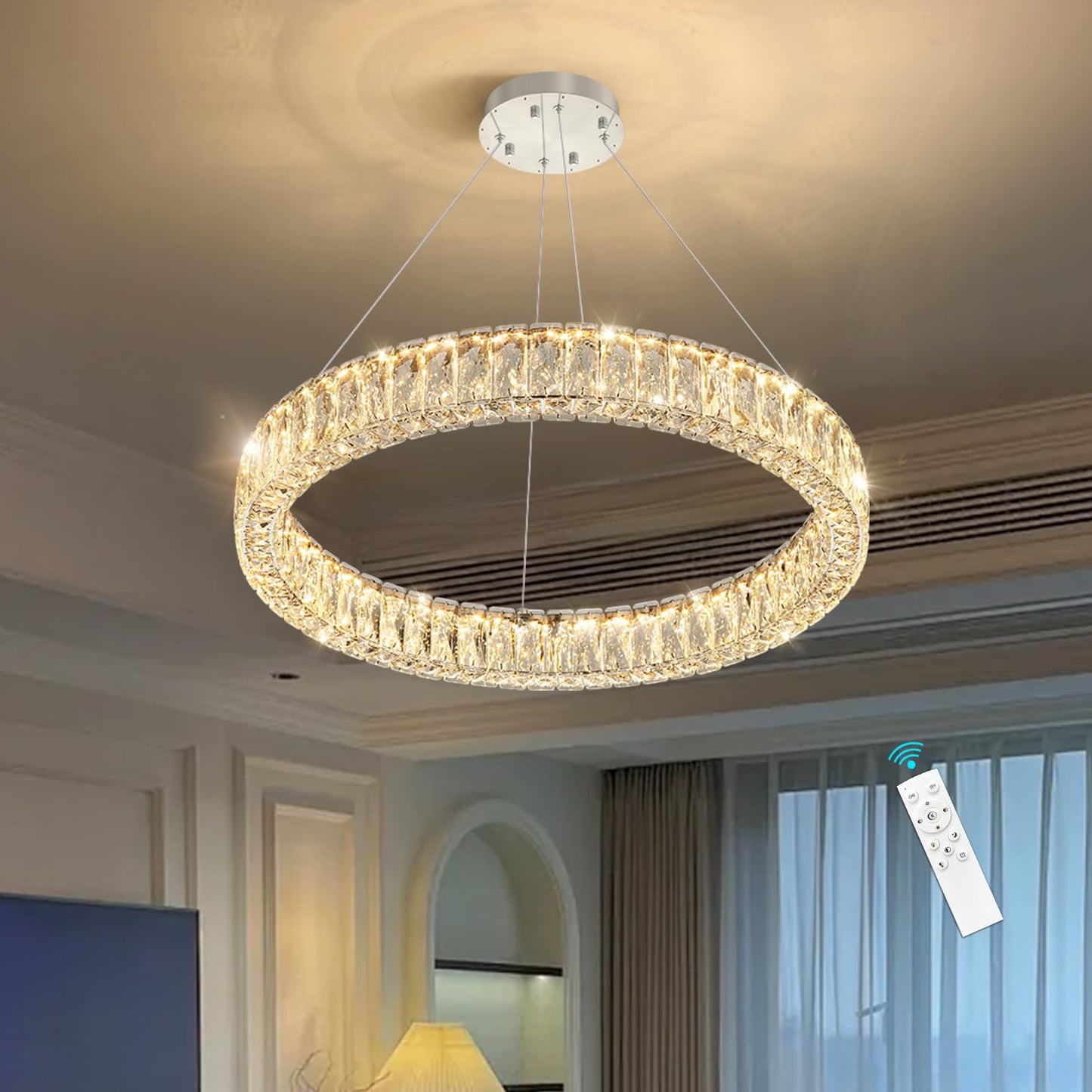 Modern Crystal Chandelier Dimmable LED Ring Pendant Lights Adjustable Glam Chandeliers Lighting Fixtures for Dining Room Living Room Bedroom Silver Light