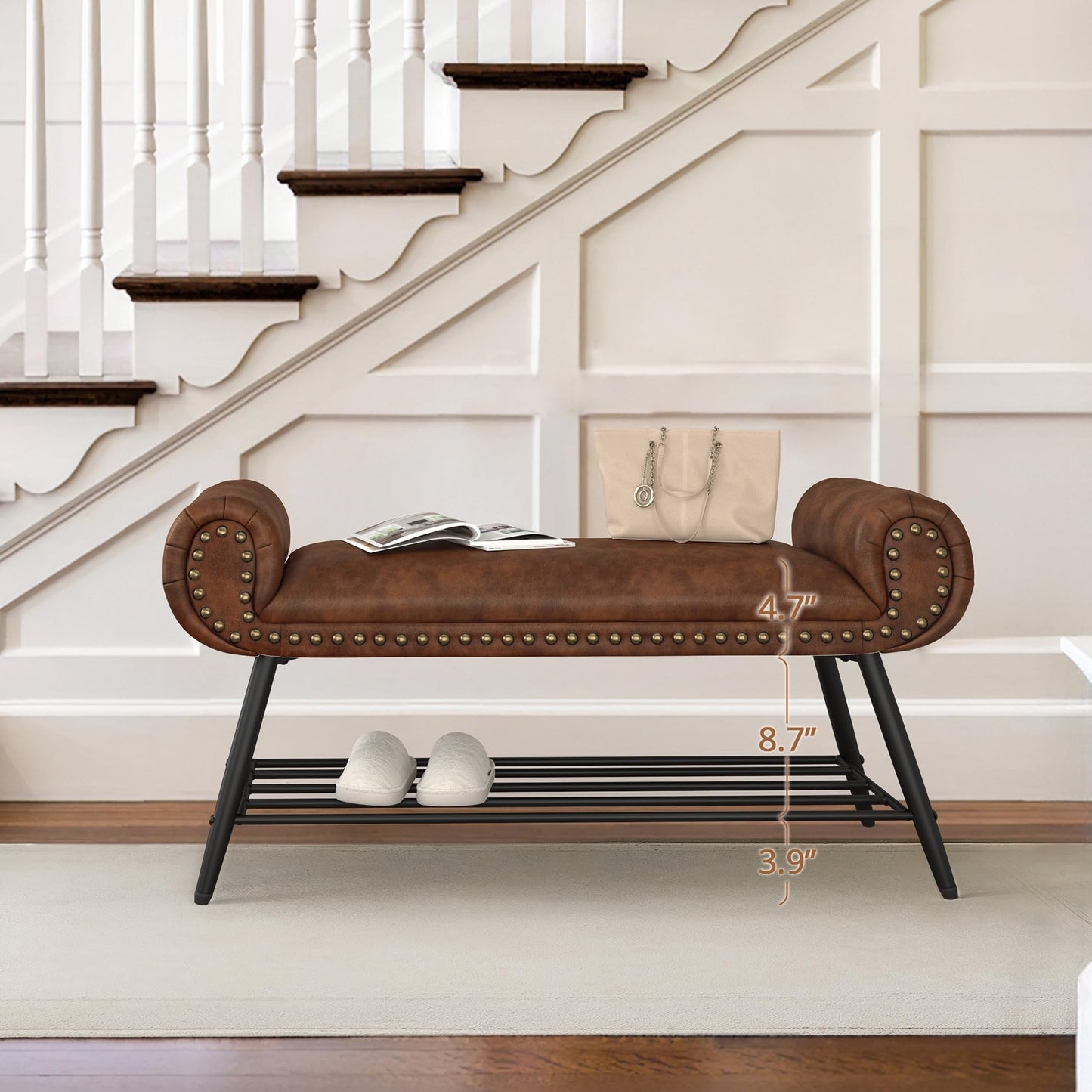 LUE BONA 45.3" End of Bed Bench, Modern Bedroom Leather Upholstered Shoe Benches, Ottoman with Stable Metal Frame and Solid Shelf for Bedroom, entryway, Living Room，Foyer, 330LB, Brown