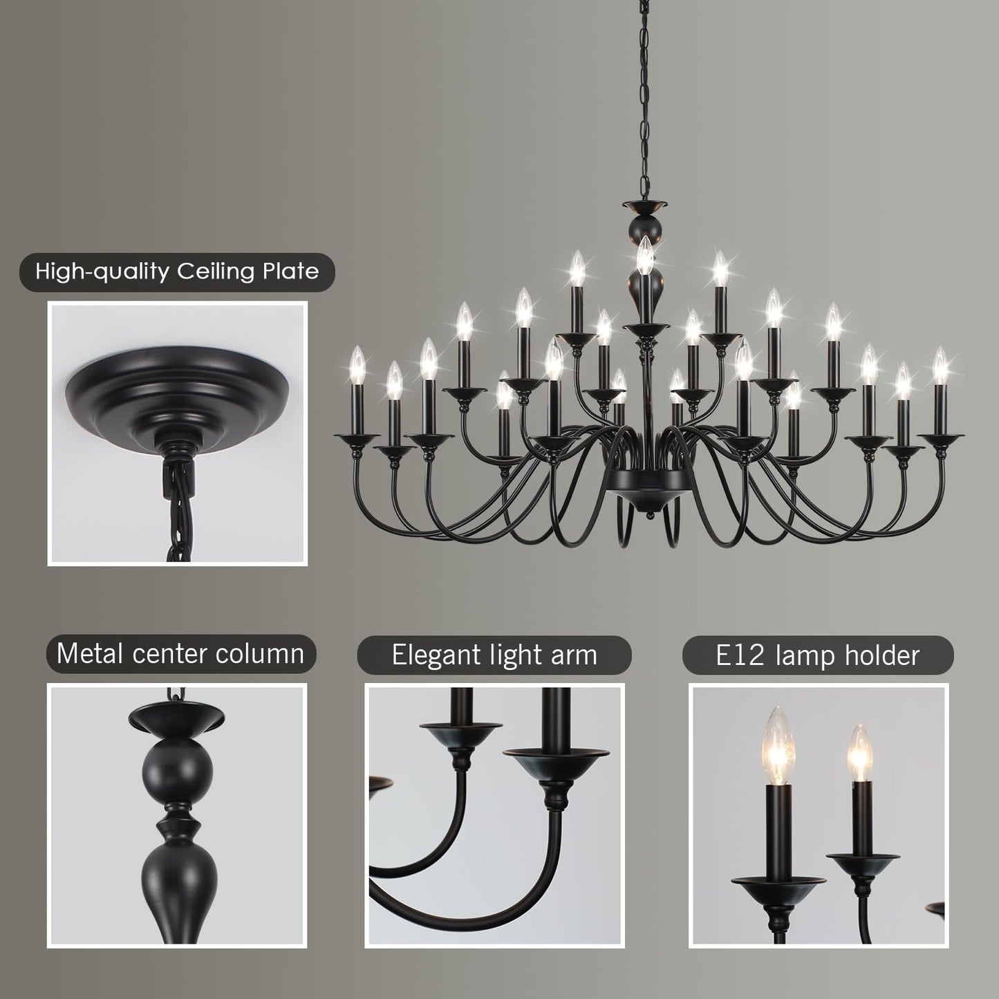 15 Light Black Farmhouse Chandeliers for Dining Room Light Fixtures Over Table, Vintage Candle Large Chandelier for Living Room Foyer Staircase Restaurant Showroom Villa