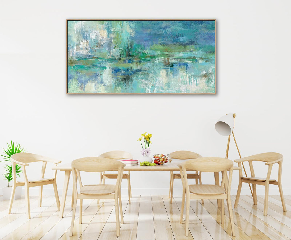 VEAEE Teal Framed Abstract Wall Art - Turquoise Green Colorful Modern Canvas Pictures, Living Room Wall Decor, Contemporary Landscape Painting Prints for Bedroom Bathroom Office Decor 20" x 40"