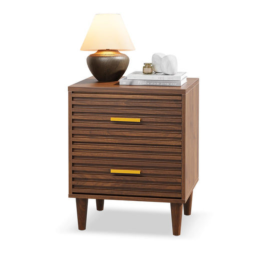 Alohappy Nightstands Set of 2, Mid Century Modern Night Stands, Fluted Bedside Table for Bedroom, Side End Table with Storage Drawers, Vintage Wood Accent Table for Living Room, Brown 2pcs