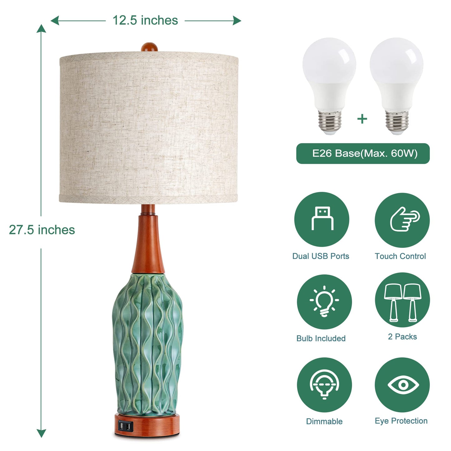 CeramicTable Lamps Set of 2 Lamps for Bedroom Living Room Office 26" Rotary Coastal Bedside Lamp for Nightstand with 2 USB Ports 3-Colors