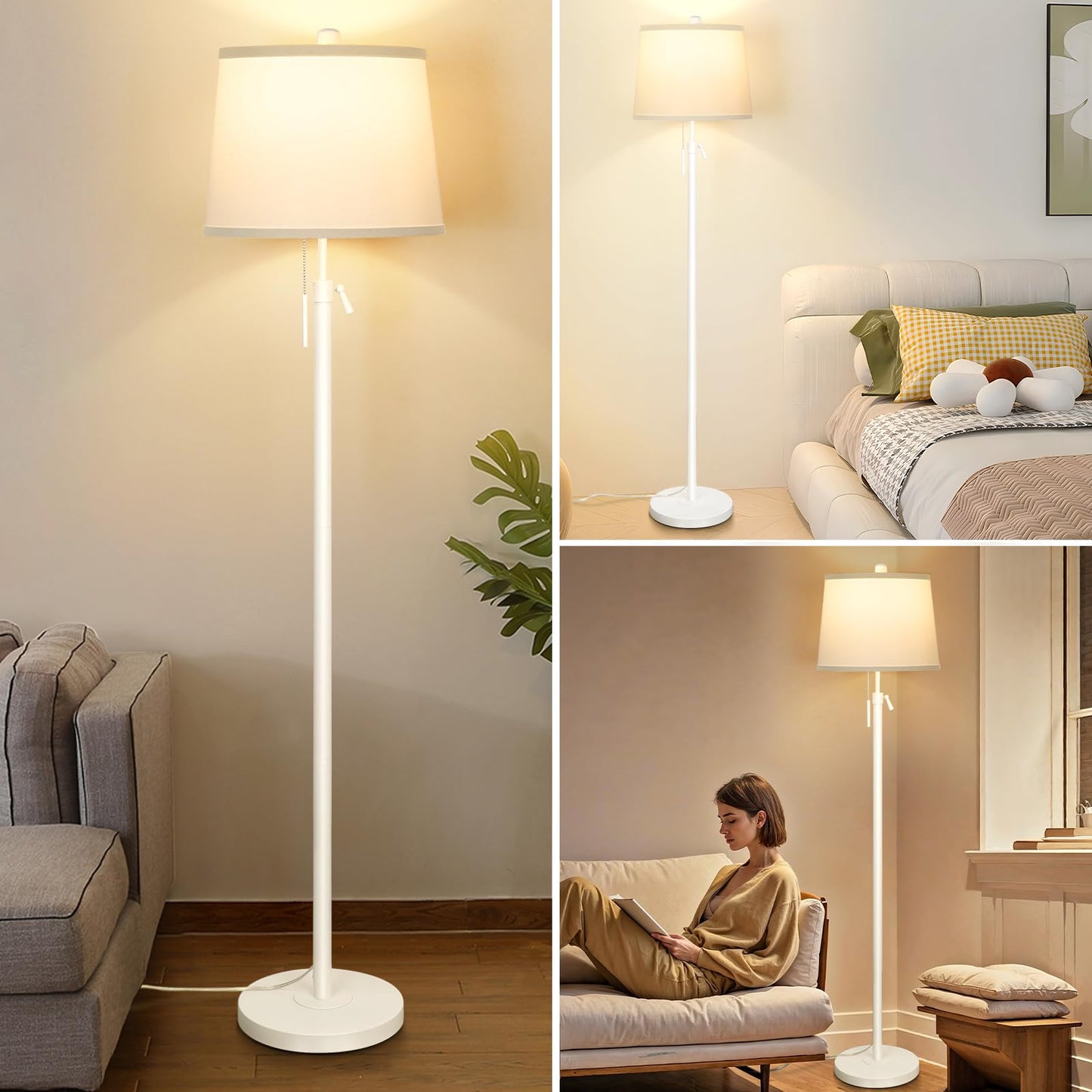 Floor Lamp for Living Room,Adjustable Height Standing Lamp,Dimmable Modern Floor Lamps for Bedroom Office Tall Floor Lights with Pull Chain Bulb Included-Silver Gray Shade