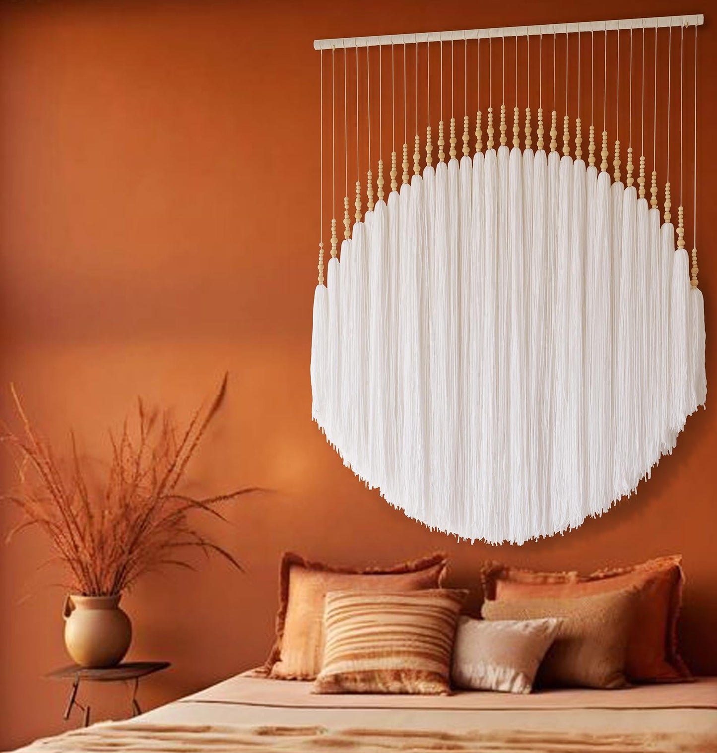 IOWER Macrame Wall Hanging Brown Yarn Beaded Backdrop Boho Wall Decor Round Tassel Home Wall Aesthetic Living Rooms Bedrooms Offices Geometric Art Chic Home Decor 39" W x 55" L