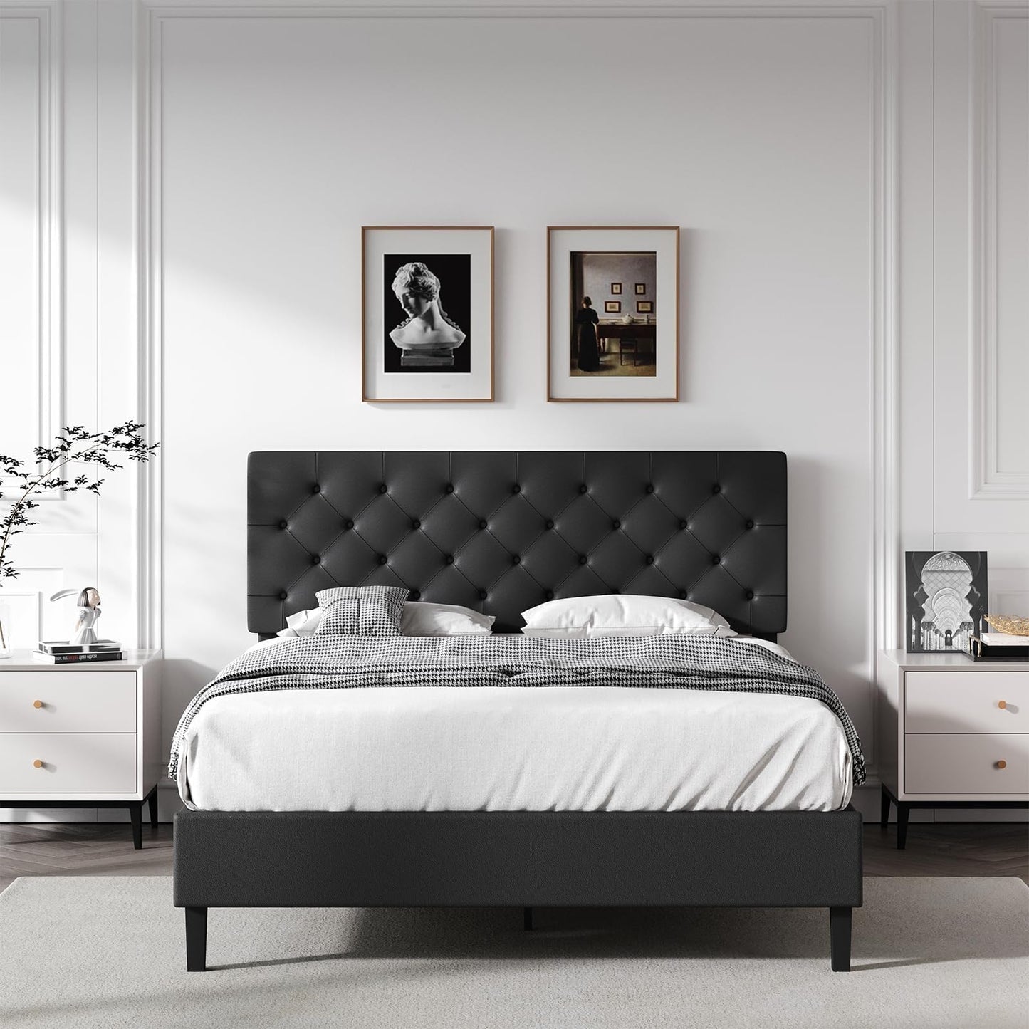 Queen Bed Frame with Headboard, Faux Leather Upholstered Platform Bed Frame, Blue Bed Frame Queen Size, Wooden Slat Support, No Box Spring Needed, Navy Blue