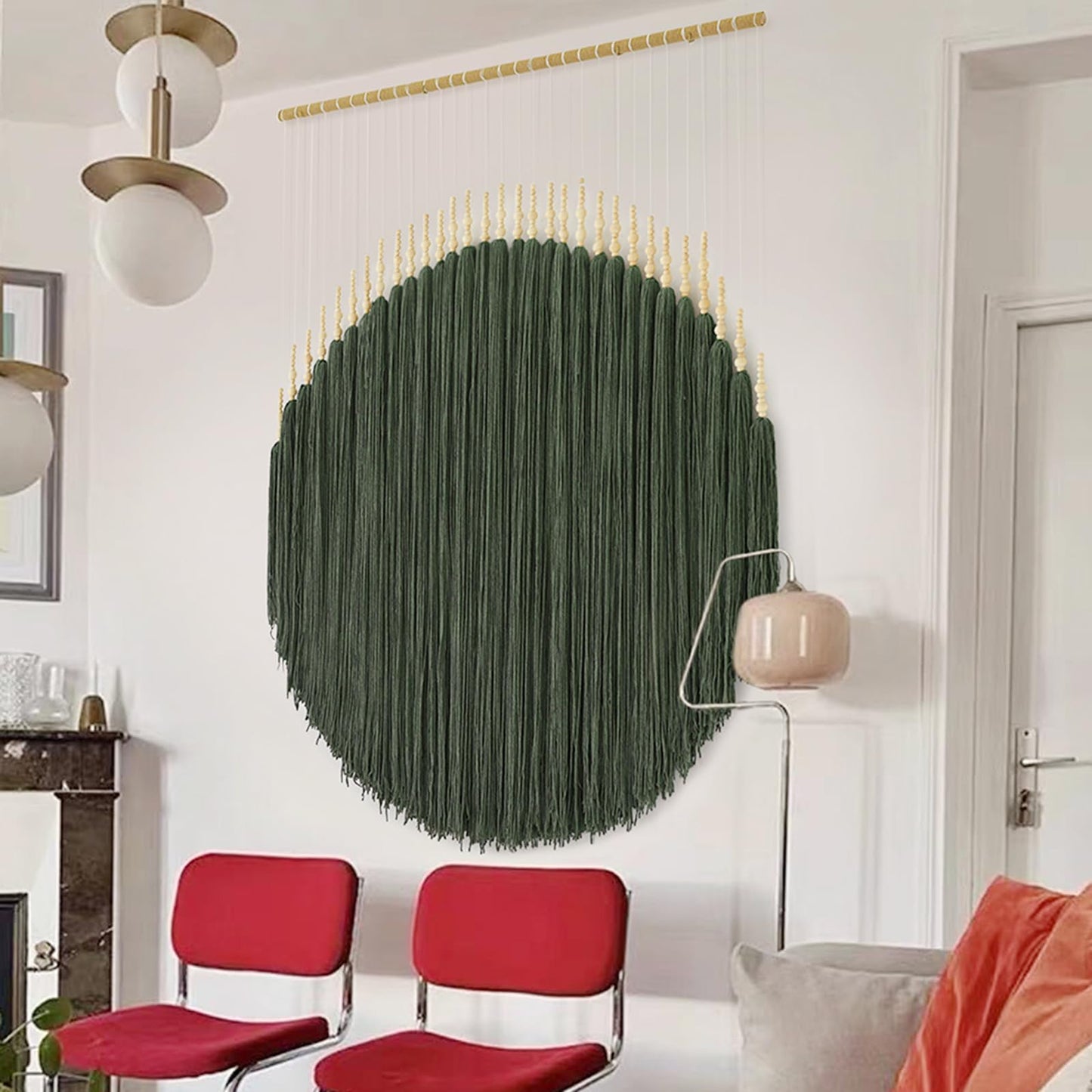 IOWER Macrame Wall Hanging Brown Yarn Beaded Backdrop Boho Wall Decor Round Tassel Home Wall Aesthetic Living Rooms Bedrooms Offices Geometric Art Chic Home Decor 39" W x 55" L
