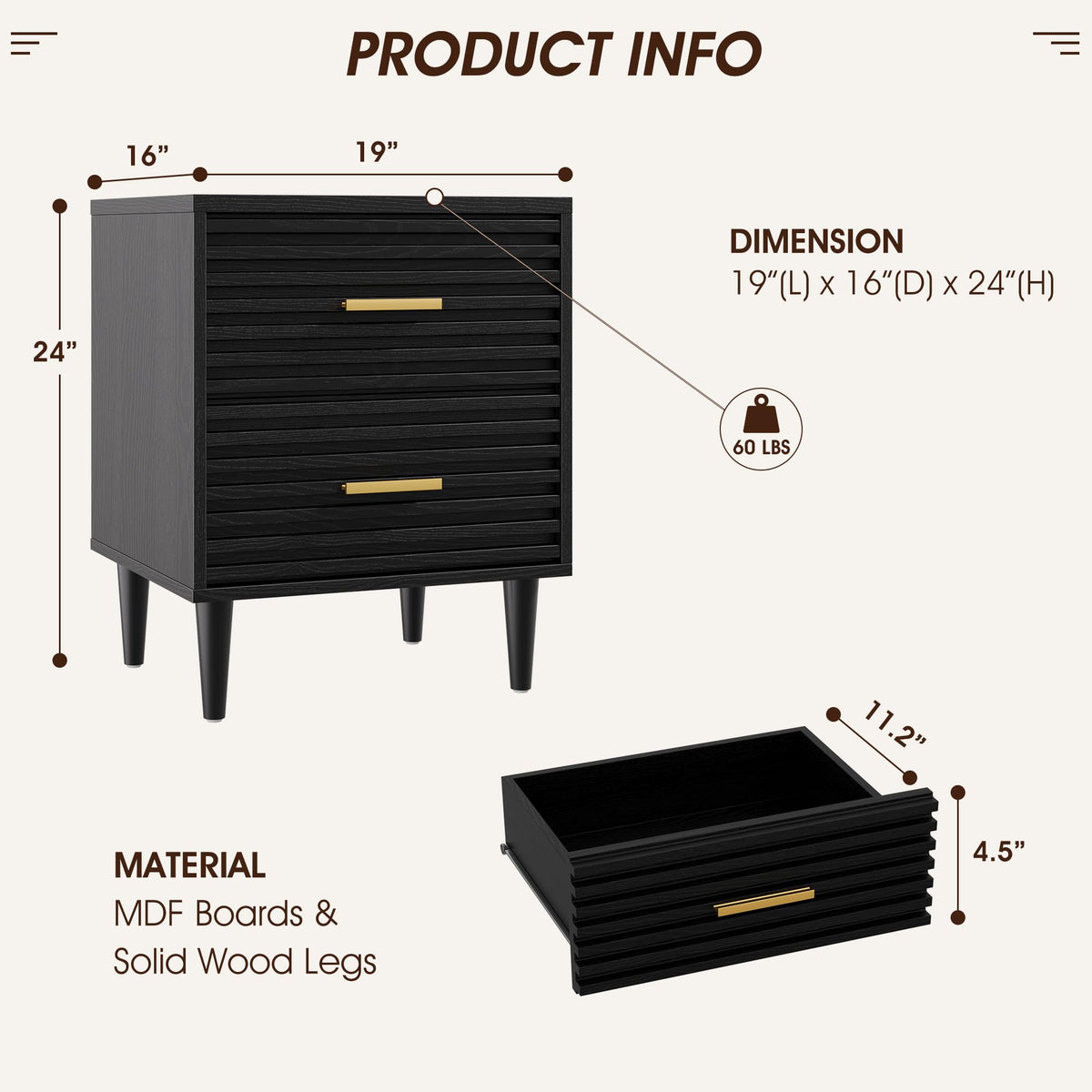 Alohappy Nightstands Set of 2, Mid Century Modern Night Stands, Fluted Bedside Table for Bedroom, Side End Table with Storage Drawers, Vintage Wood Accent Table for Living Room, Brown 2pcs