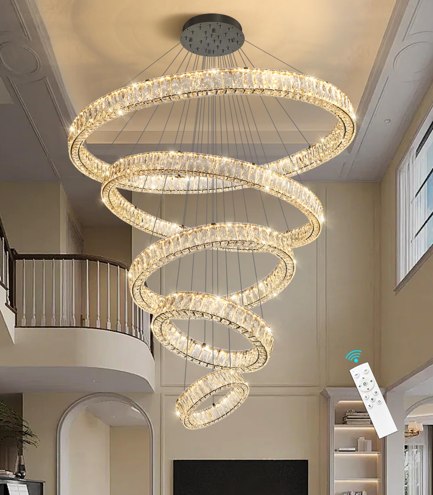 Modern Crystal Chandelier Dimmable LED Ring Pendant Lights Adjustable Glam Chandeliers Lighting Fixtures for Dining Room Living Room Bedroom Silver Light