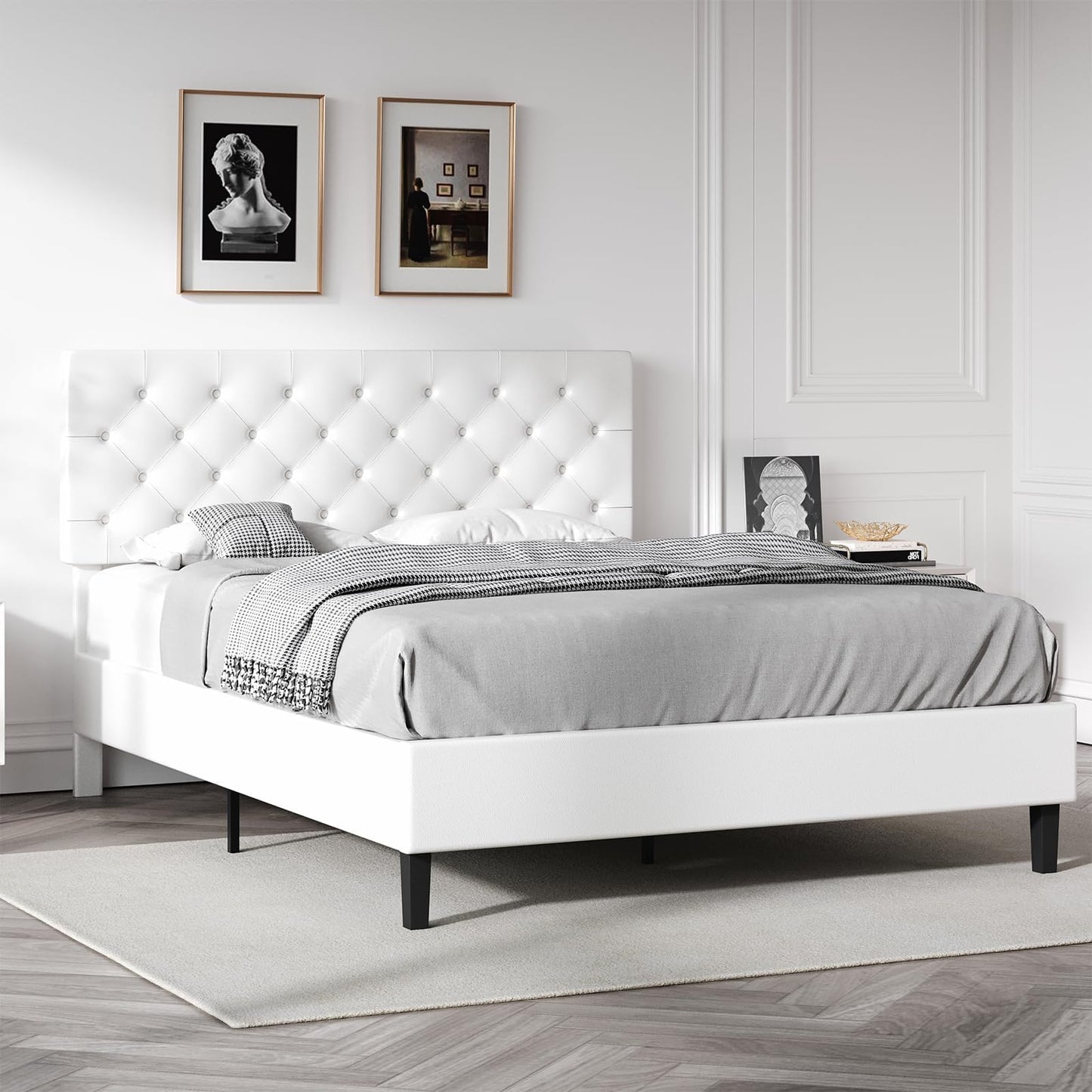 Queen Bed Frame with Headboard, Faux Leather Upholstered Platform Bed Frame, Blue Bed Frame Queen Size, Wooden Slat Support, No Box Spring Needed, Navy Blue