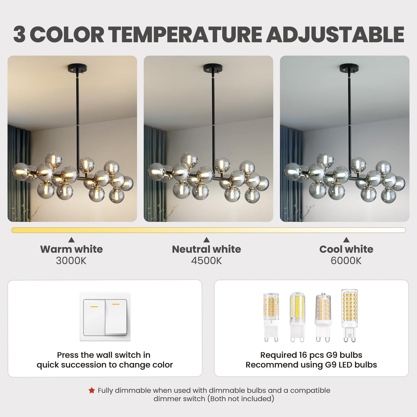 CROSSIO Modern Linear Chandeliers Black 16 Lights Pendant Light Fixtures Bubble Glass Chandelier Mid Century Sputnik Chandelier for Kitchen Island Dining Room