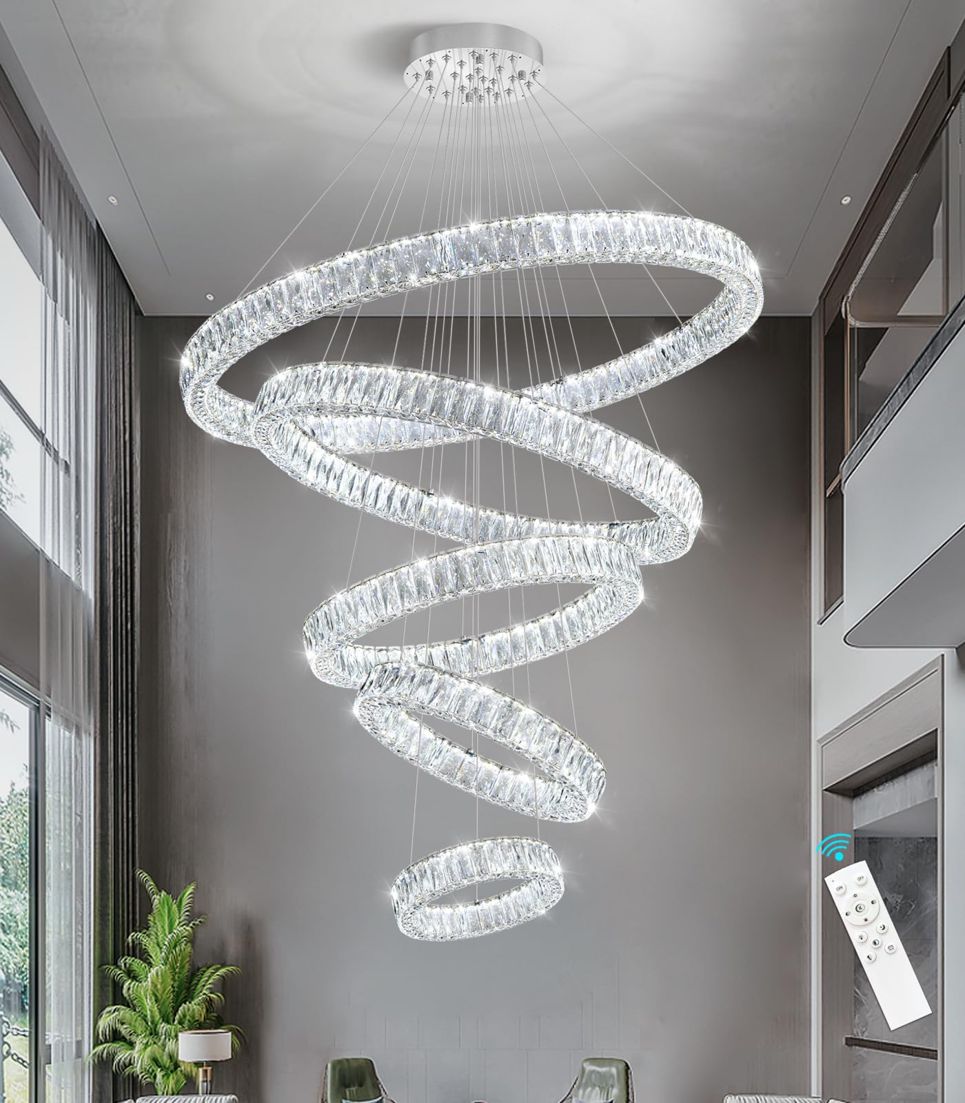 Modern Crystal Chandelier Dimmable LED Ring Pendant Lights Adjustable Glam Chandeliers Lighting Fixtures for Dining Room Living Room Bedroom Silver Light