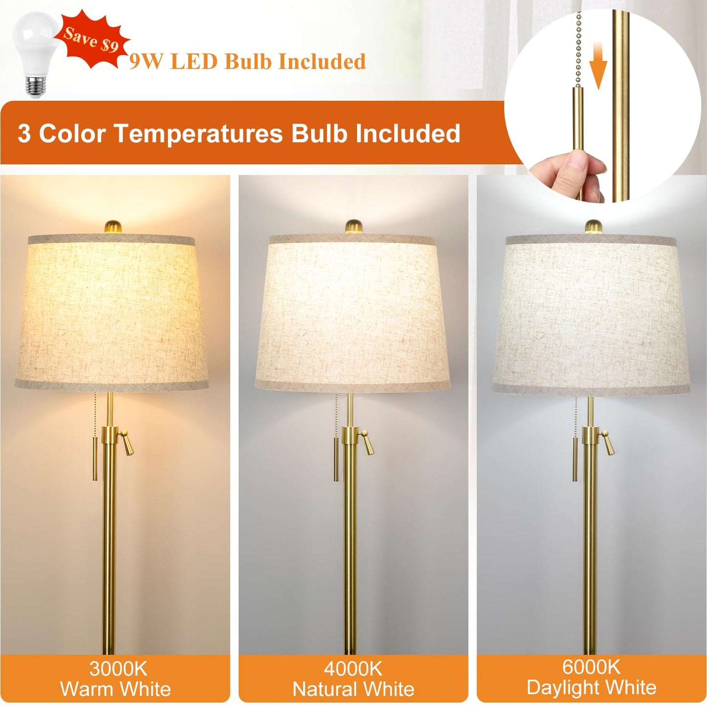 Floor Lamp for Living Room,Adjustable Height Standing Lamp,Dimmable Modern Floor Lamps for Bedroom Office Tall Floor Lights with Pull Chain Bulb Included-Silver Gray Shade