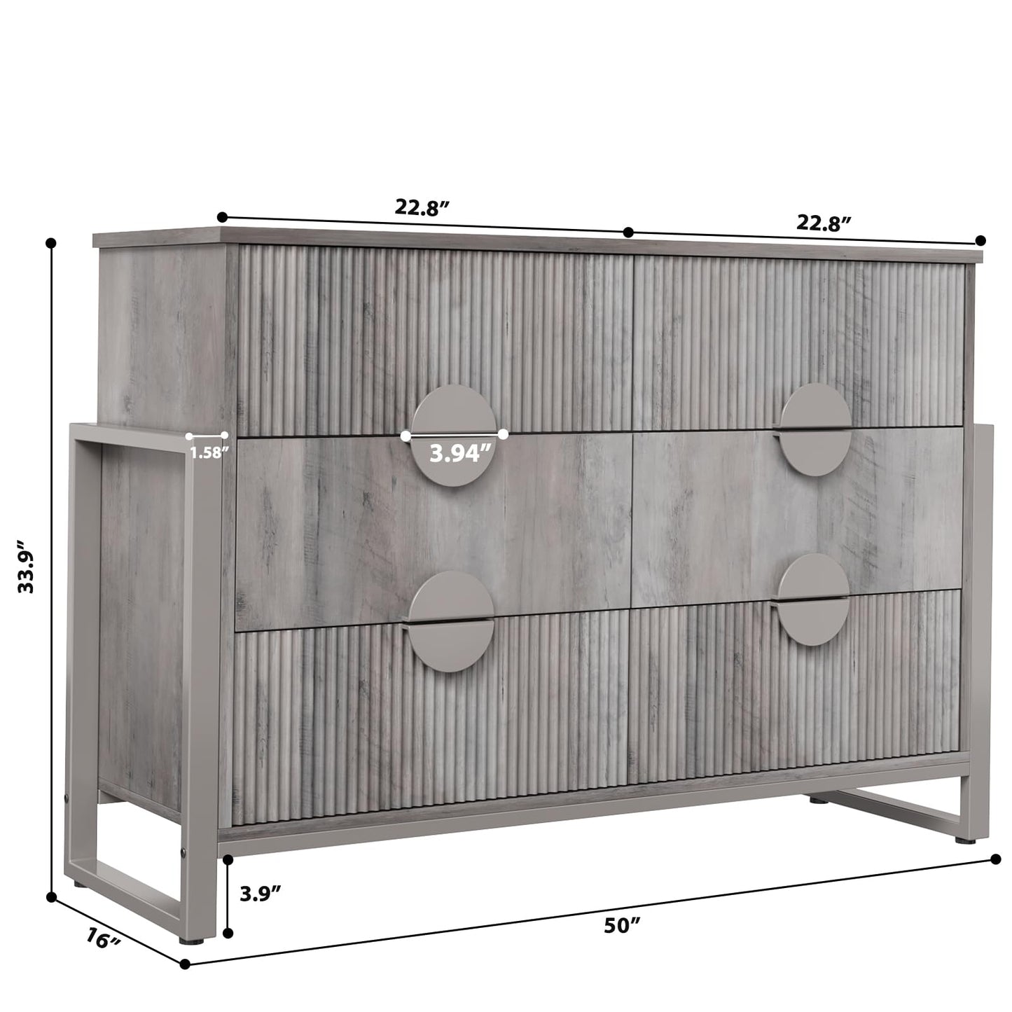 LGHM Fluted Gray Dresser for Bedroom, 50" Wide Chest of Drawers, Modern 6 Deep Drawers Dresser with Raised H Legs -Curved Profile Design, Easy Round Handles for Bedroom,Livingroom, Hallway, Gray