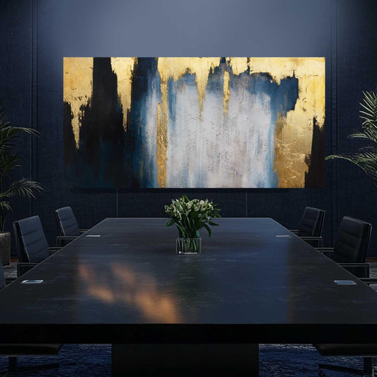 MLART99 Blue and White Abstract Wall Art Grunge Posters Gold Painting for Home Office 29"x 58" Gallery Wall Prints Large Size Artwork for Walls