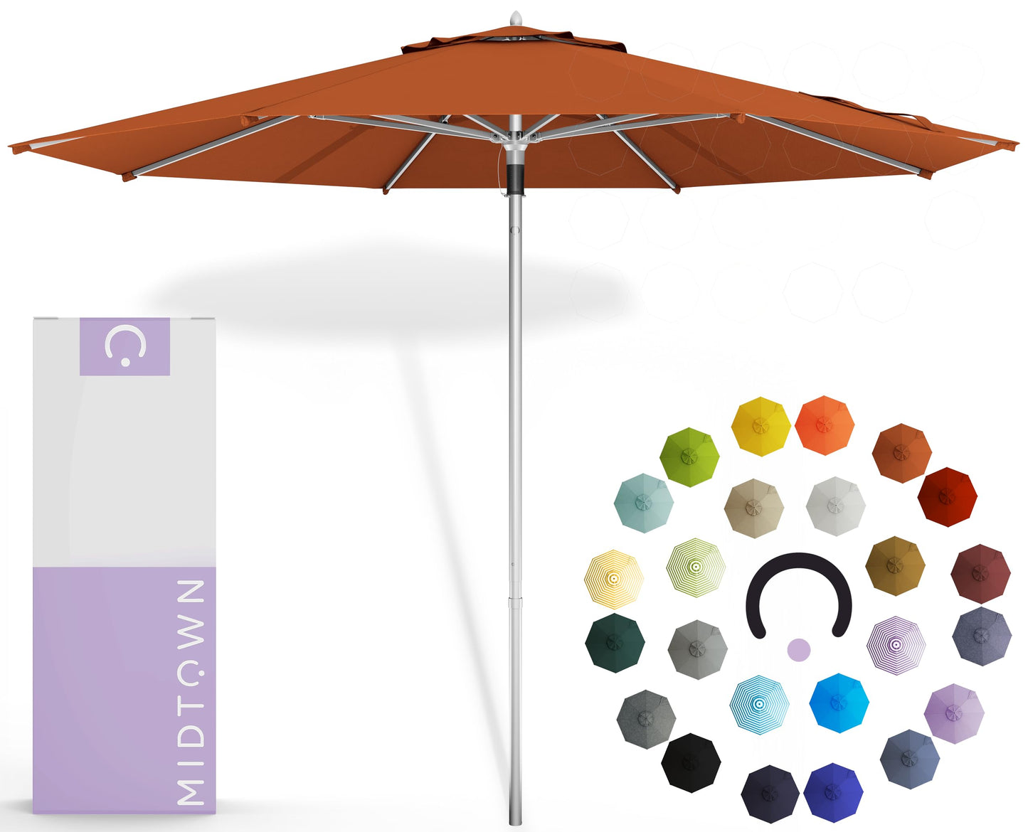 Midtown Umbrellas Push and Pop 9 Feet Outdoor Umbrella With Terylast Black/White Stripes Polyester Fabric - Fiberglass Ribs Deck Patio, Backyard, Garden & Pool - Silver Pole