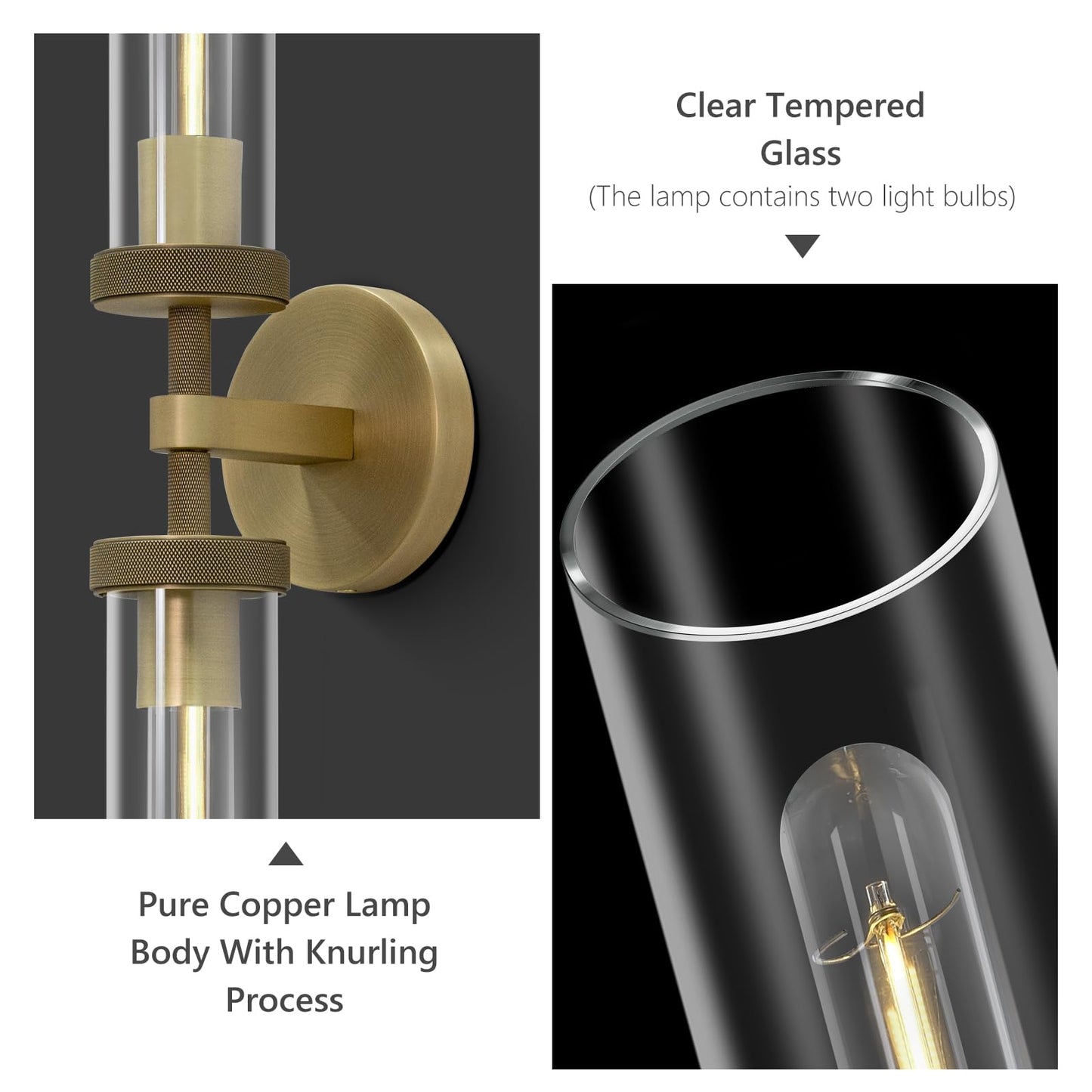 Brass Wall Sconces Set of Two, 19" Knurled Gold Sconces Wall Lighting, Tube Glass Bathroom Sconces Wall Lights for Bedroom Living Room Vanity Sconce Wall Lamp for Hallway, Staircase