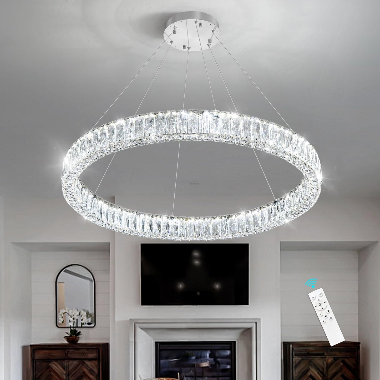 Modern Crystal Chandelier Dimmable LED Ring Pendant Lights Adjustable Glam Chandeliers Lighting Fixtures for Dining Room Living Room Bedroom Silver Light