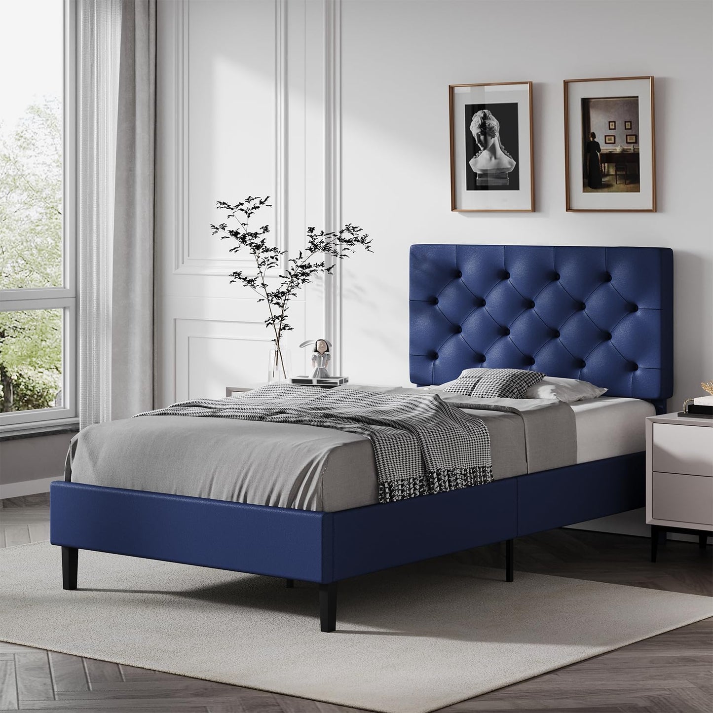 Queen Bed Frame with Headboard, Faux Leather Upholstered Platform Bed Frame, Blue Bed Frame Queen Size, Wooden Slat Support, No Box Spring Needed, Navy Blue