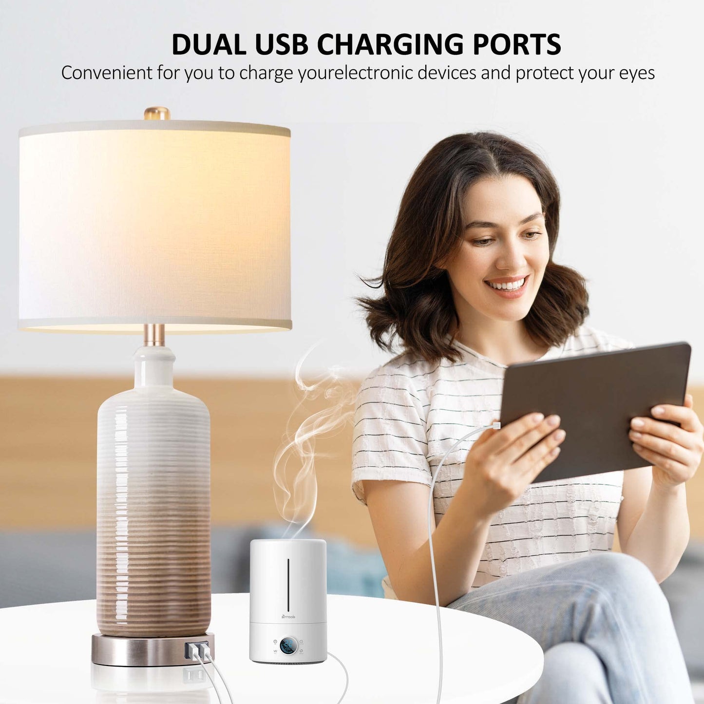 CeramicTable Lamps Set of 2 Lamps for Bedroom Living Room Office 26" Rotary Coastal Bedside Lamp for Nightstand with 2 USB Ports 3-Colors