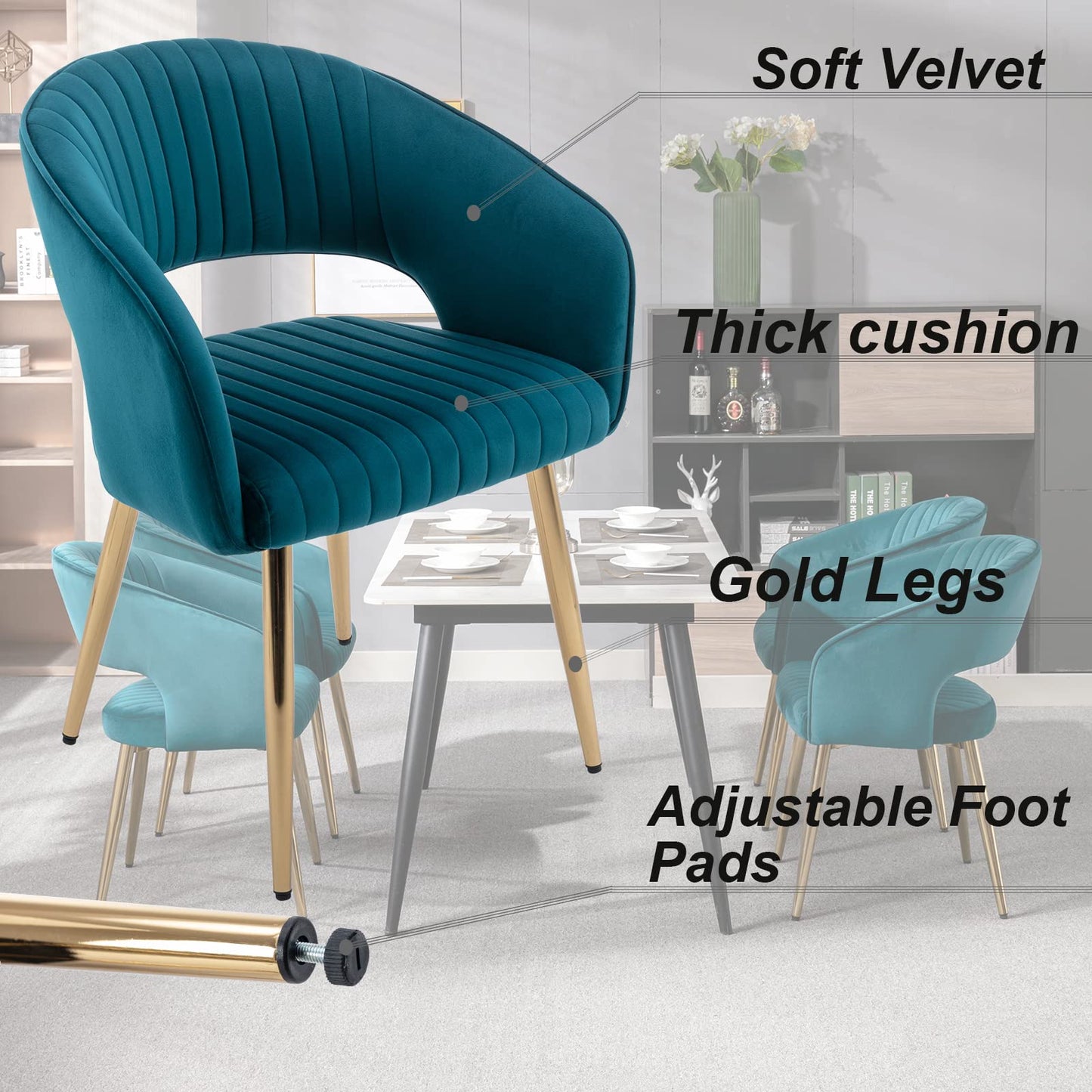 Modern Velvet Dining Chairs Set of 2, Upholstered Gold Dining Chairs with Hollow Back, Dining Room Chairs with Gold Legs, Accent Armrest Kitchen Chairs for Living Room Reception Teal Blue