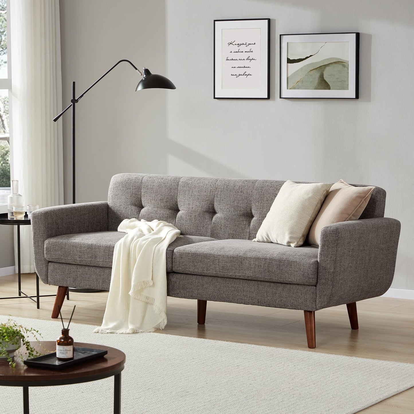 Tbfit 65" W Loveseat Sofa, Mid Century Modern Love Seat Couches for Living Room, Button Tufted Upholstered Small Couch for Bedroom, Solid and Easy to Install Love Seats Furniture, Grey