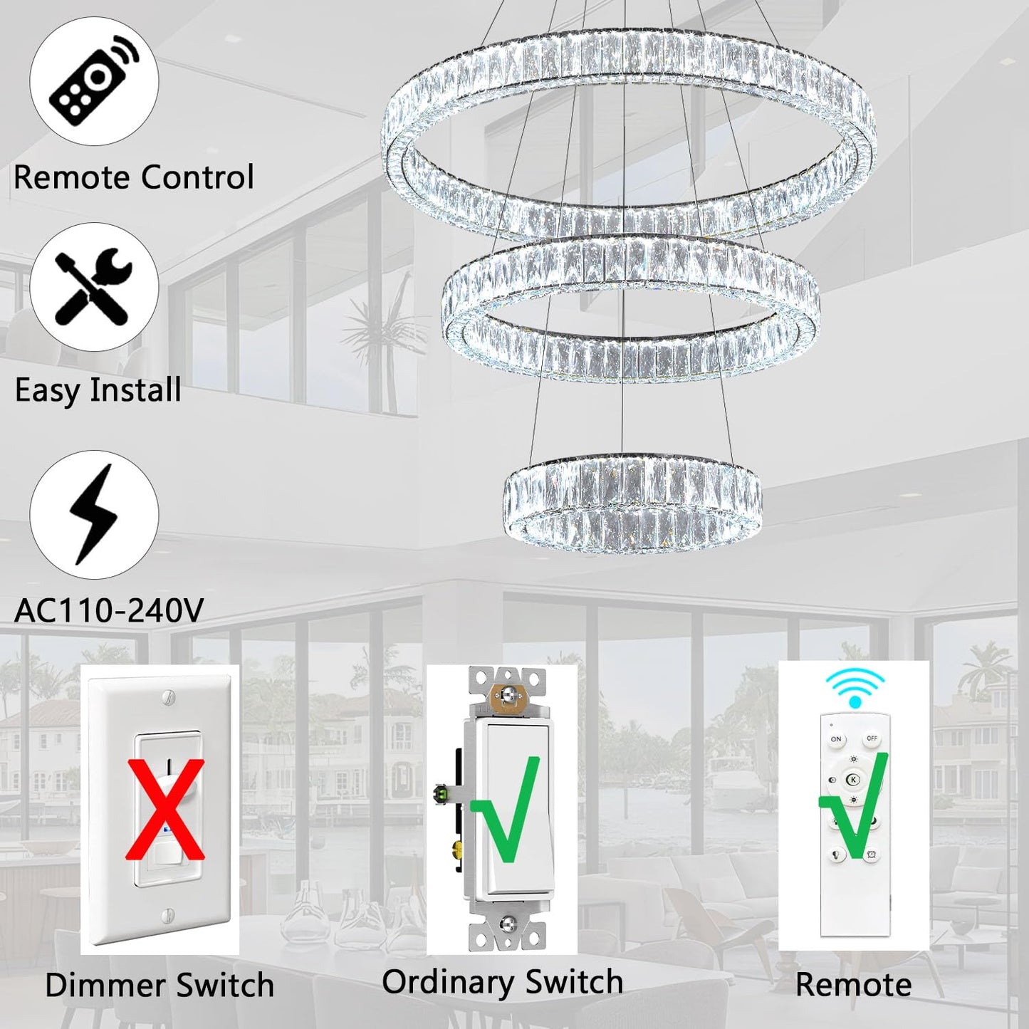 Modern Crystal Chandelier Dimmable LED Ring Pendant Lights Adjustable Glam Chandeliers Lighting Fixtures for Dining Room Living Room Bedroom Silver Light