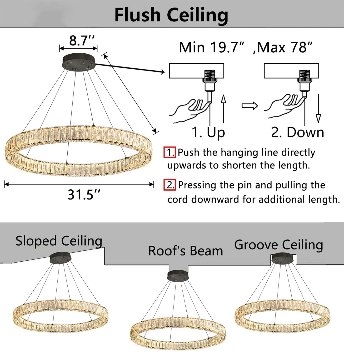 Modern Crystal Chandelier Dimmable LED Ring Pendant Lights Adjustable Glam Chandeliers Lighting Fixtures for Dining Room Living Room Bedroom Silver Light