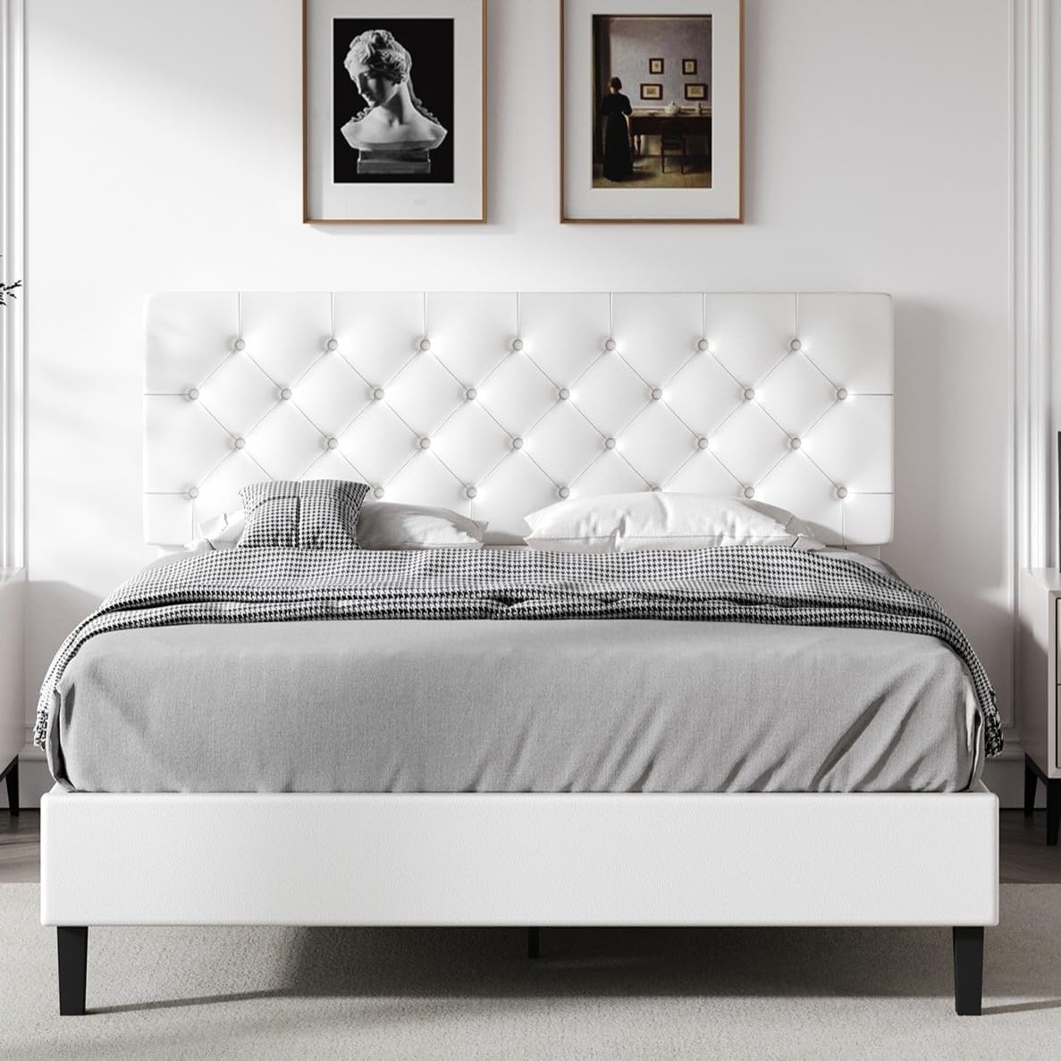 Queen Bed Frame with Headboard, Faux Leather Upholstered Platform Bed Frame, Blue Bed Frame Queen Size, Wooden Slat Support, No Box Spring Needed, Navy Blue