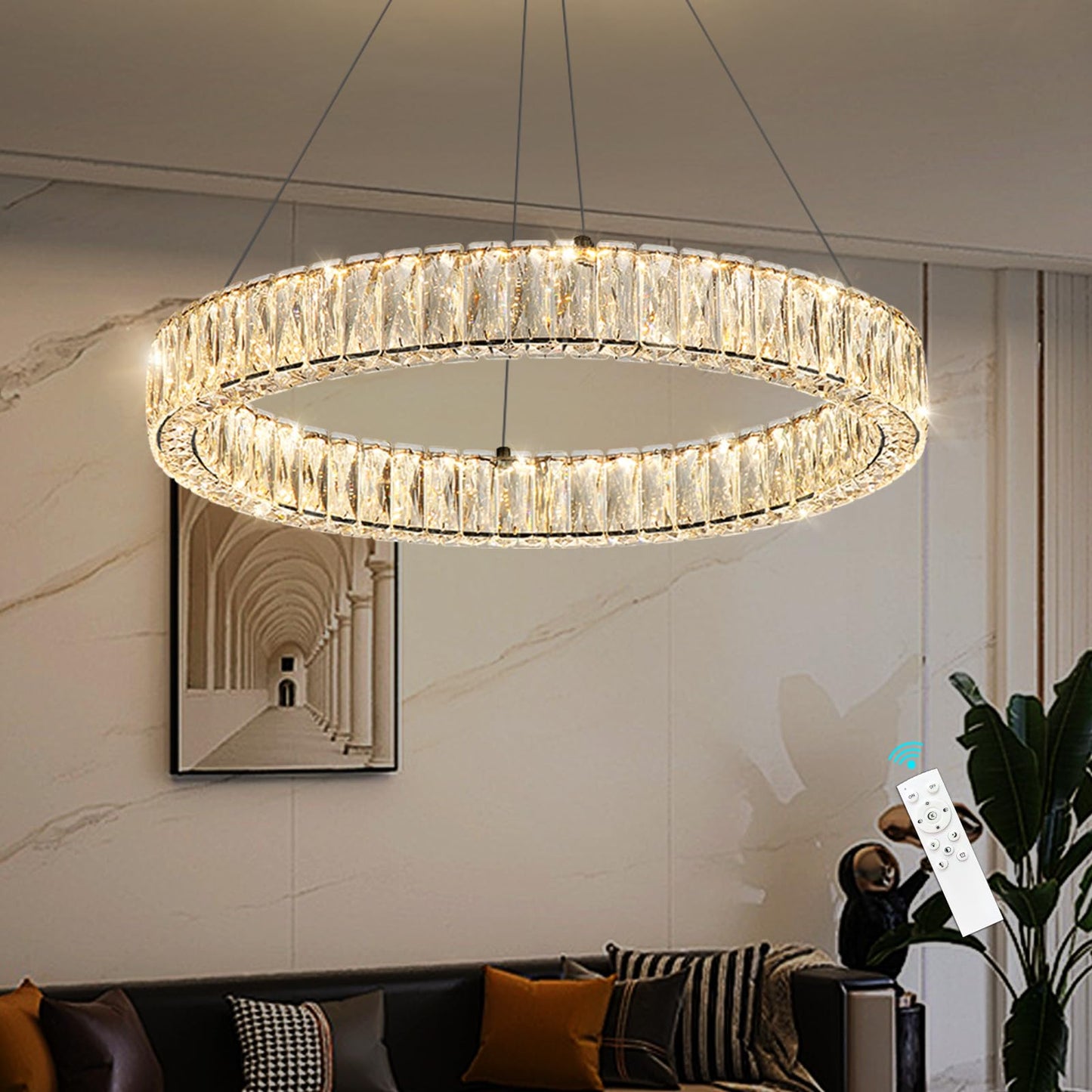 Modern Crystal Chandelier Dimmable LED Ring Pendant Lights Adjustable Glam Chandeliers Lighting Fixtures for Dining Room Living Room Bedroom Silver Light
