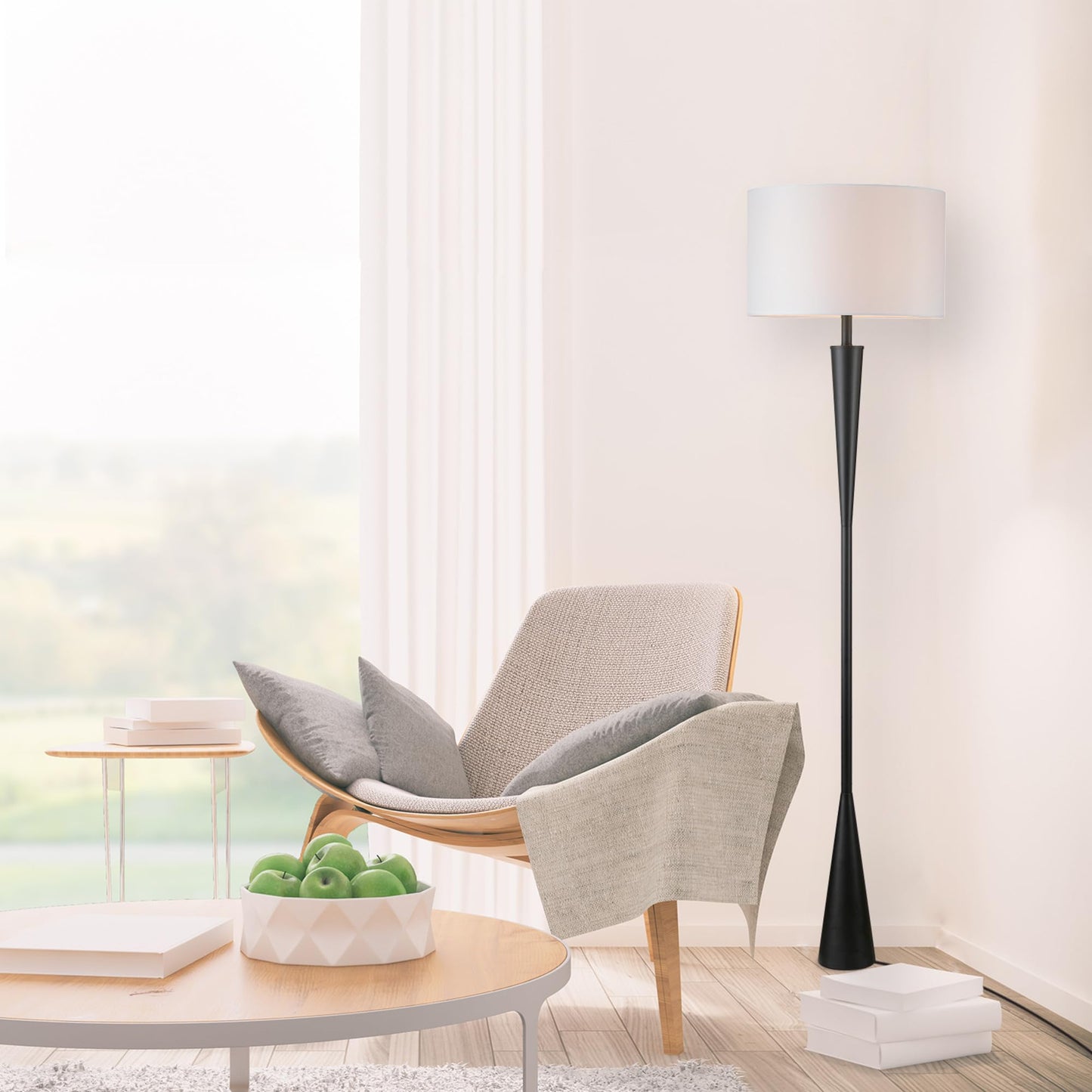 GLOBE Electric Novogratz x Harrington 65" Floor Lamp, 2-Tone Faux Wood Base, White Fabric Shade, Socket Rotary Switch 67225