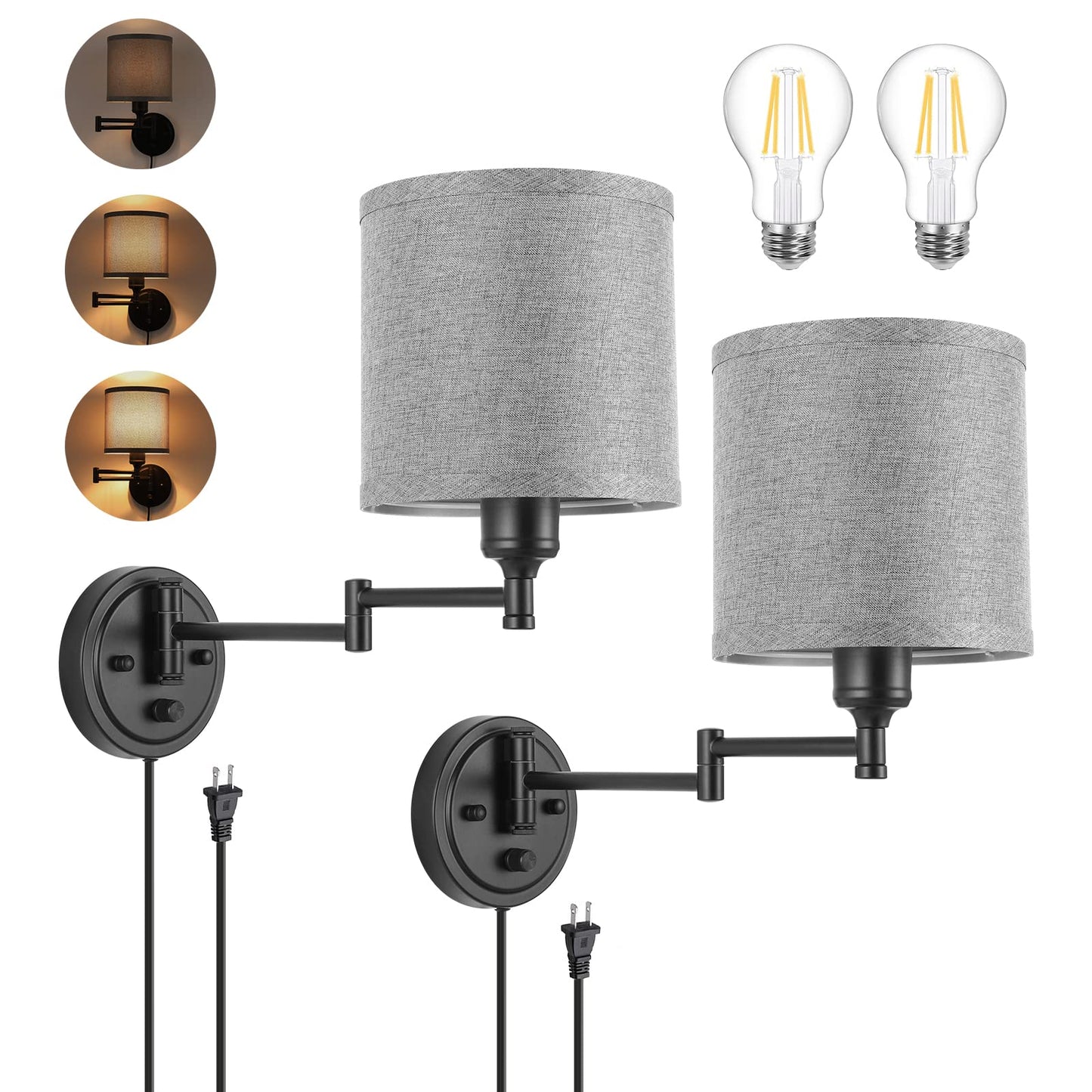 Plug in Wall Sconces with Remote Control, Dimming 10%-100% & Adjustable Colors 2700K-6500K, Hardwire or Plug-in, Swing Arm Wall Lamp with Linen Fabric Shade, Wall Sconces Set of Two, Black Finish