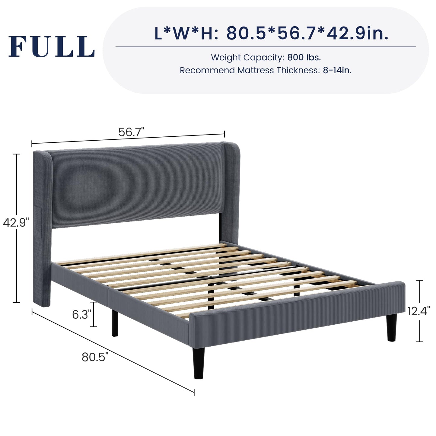 IDEALHOUSE King Upholstered Bed Frame with Wingback Headboard, Luxurious Velvet Upholstery Platform Bed, Wooden Slat Support, and Easy Assembly - Box Spring Optional, Light Gray