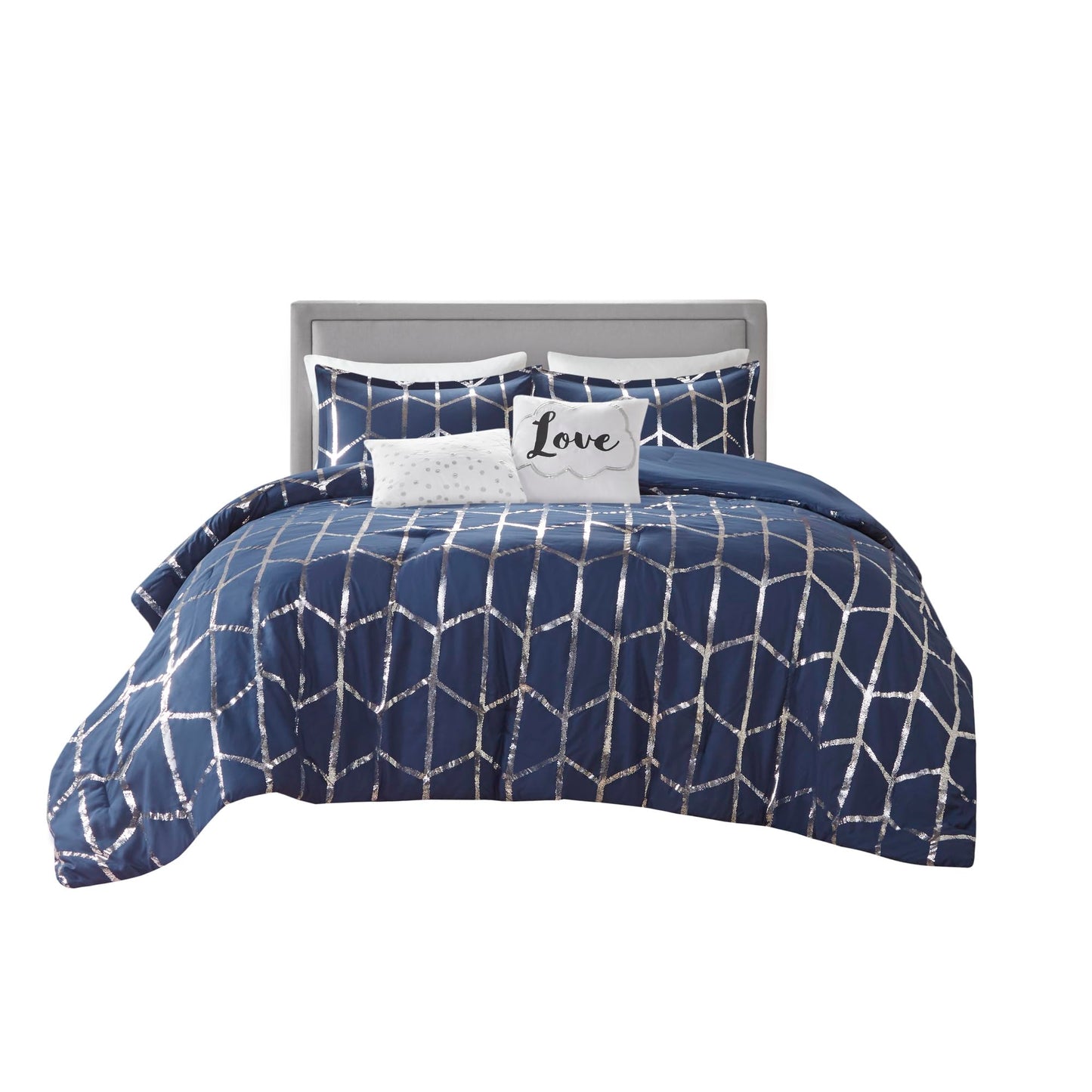 Intelligent Design, Soft Microfiber Comforter Modern Geometric Metallic Bed Set, Full/Queen, Grey/Silver