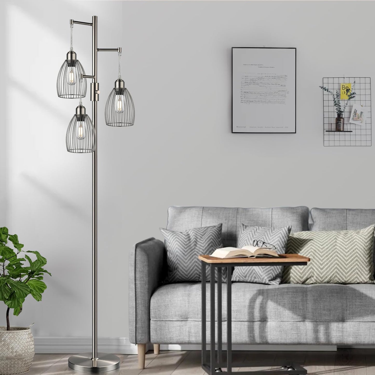 Dimmable Floor Lamp, 3 x 800LM LED Edison Bulbs Included, Farmhouse Industrial Floor Lamp Standing Tree Lamp with Elegant Teardrop Cage Tall Lamps for Living Room Bedroom Office Dining Room-Black