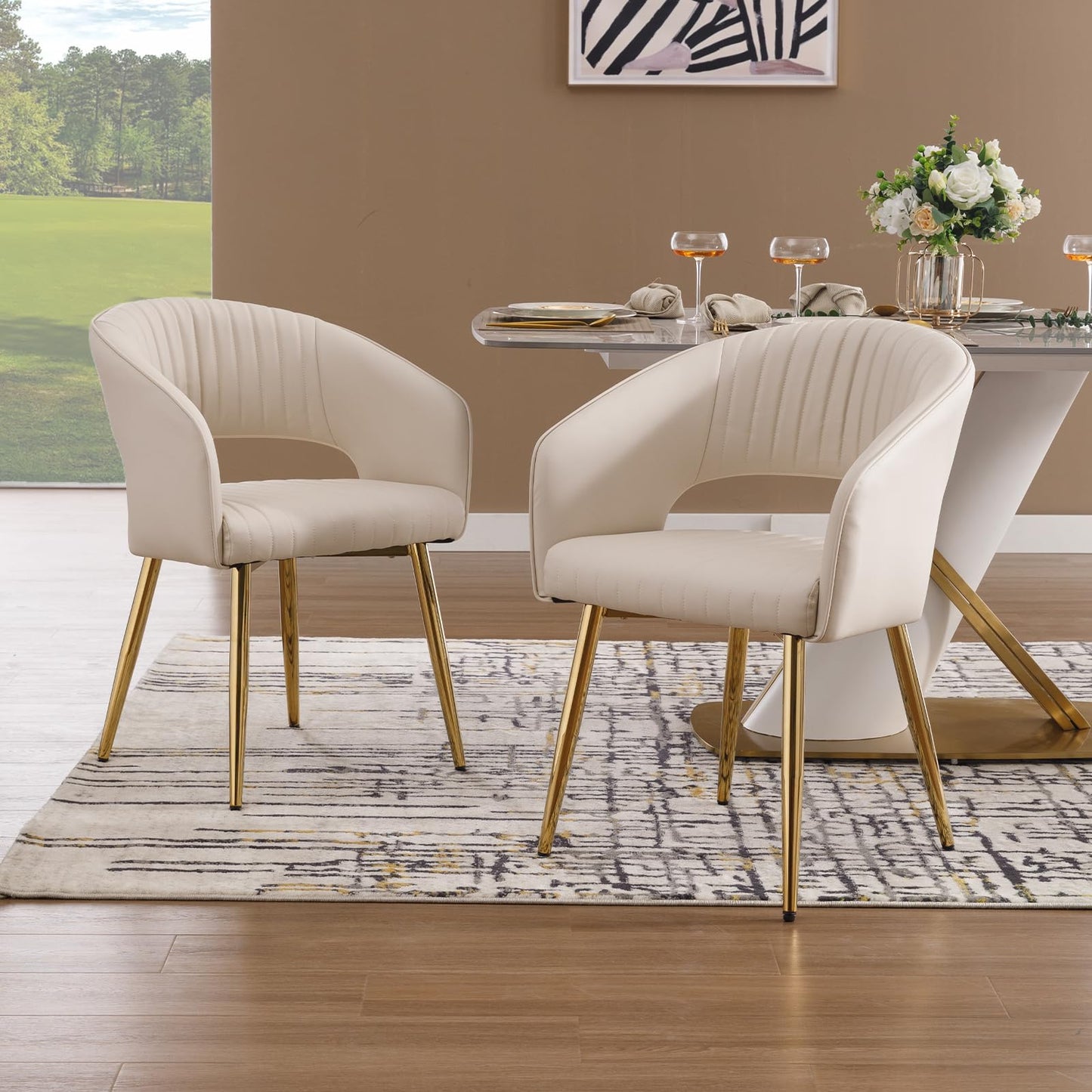 Modern Velvet Dining Chairs Set of 2, Upholstered Gold Dining Chairs with Hollow Back, Dining Room Chairs with Gold Legs, Accent Armrest Kitchen Chairs for Living Room Reception Teal Blue
