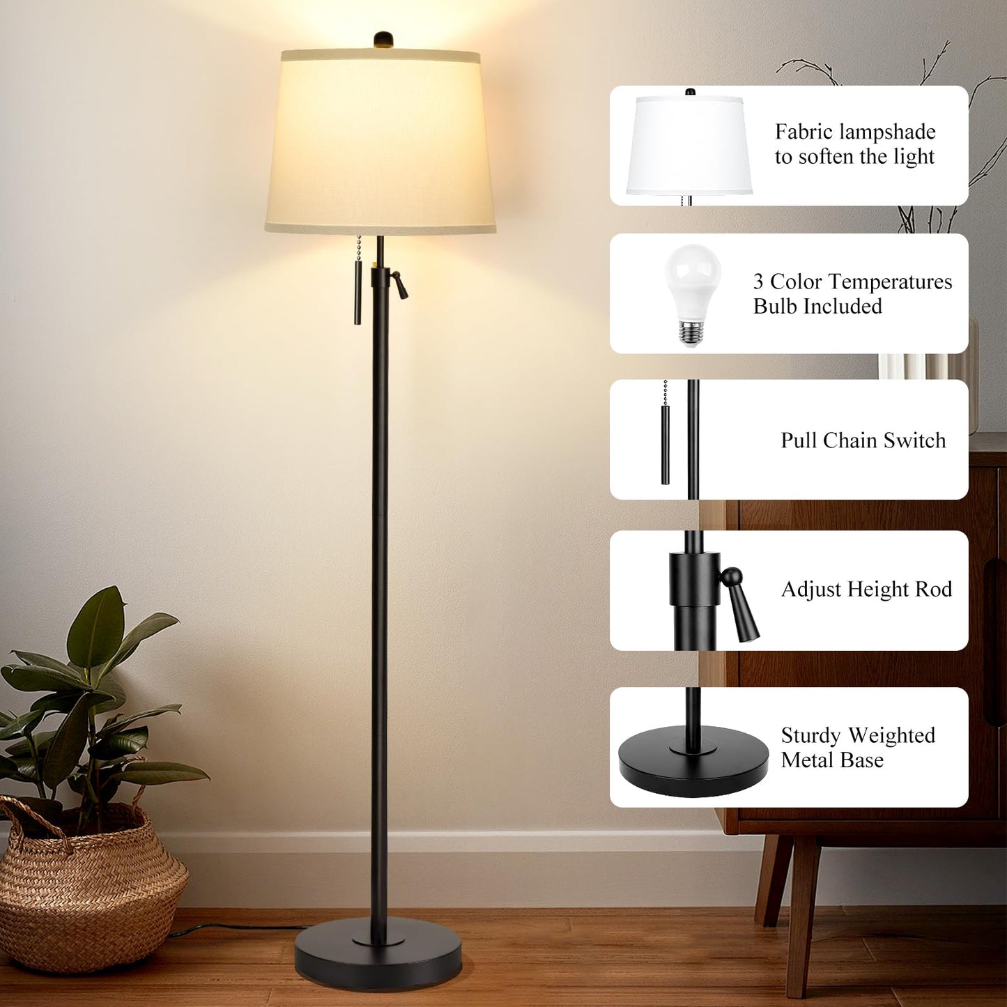 Floor Lamp for Living Room,Adjustable Height Standing Lamp,Dimmable Modern Floor Lamps for Bedroom Office Tall Floor Lights with Pull Chain Bulb Included-Silver Gray Shade