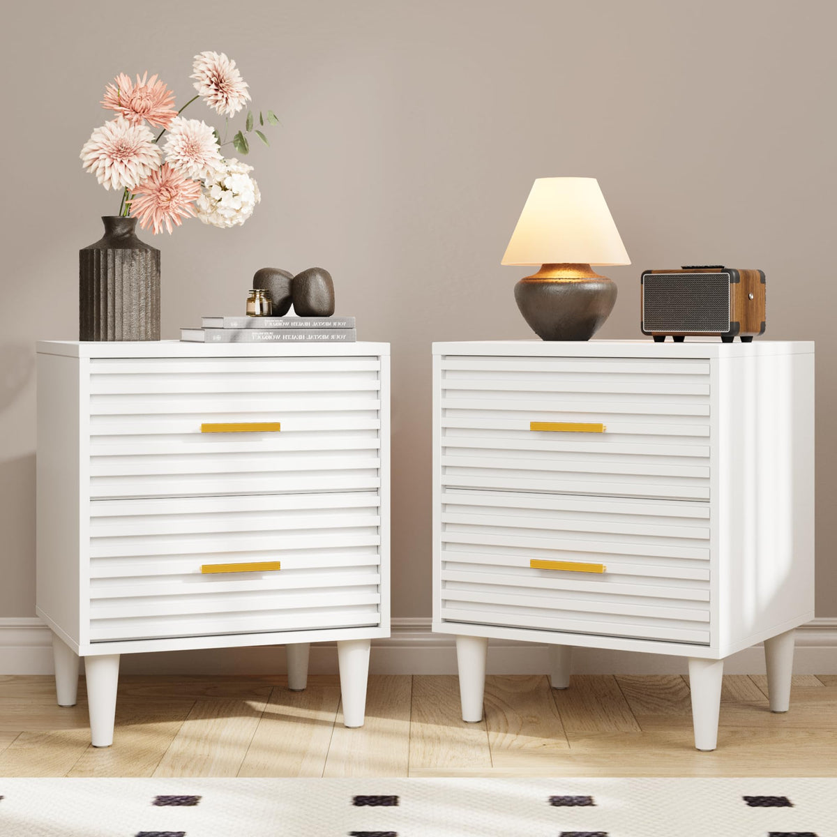 Alohappy Nightstands Set of 2, Mid Century Modern Night Stands, Fluted Bedside Table for Bedroom, Side End Table with Storage Drawers, Vintage Wood Accent Table for Living Room, Brown 2pcs
